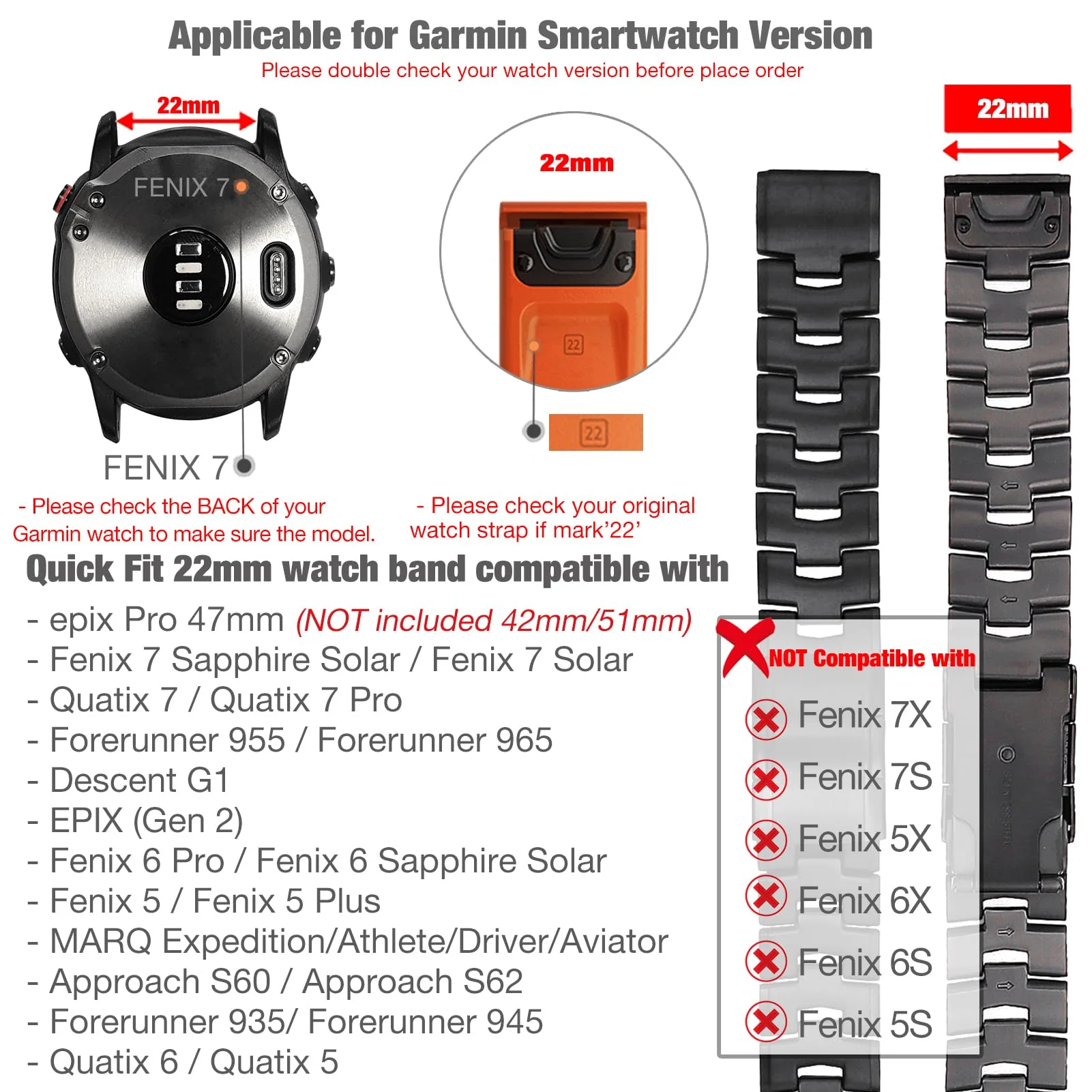 Abanen Titanium Watch Band for Fenix 7/ Fenix 6 / Fenix 5 /epix Pro 47mm, Quick Fit 22mm Titanium Metal Wristband with Stainless Steel Buckle for Garmin Quatix 7,Approach S62 (Black) - Image 3