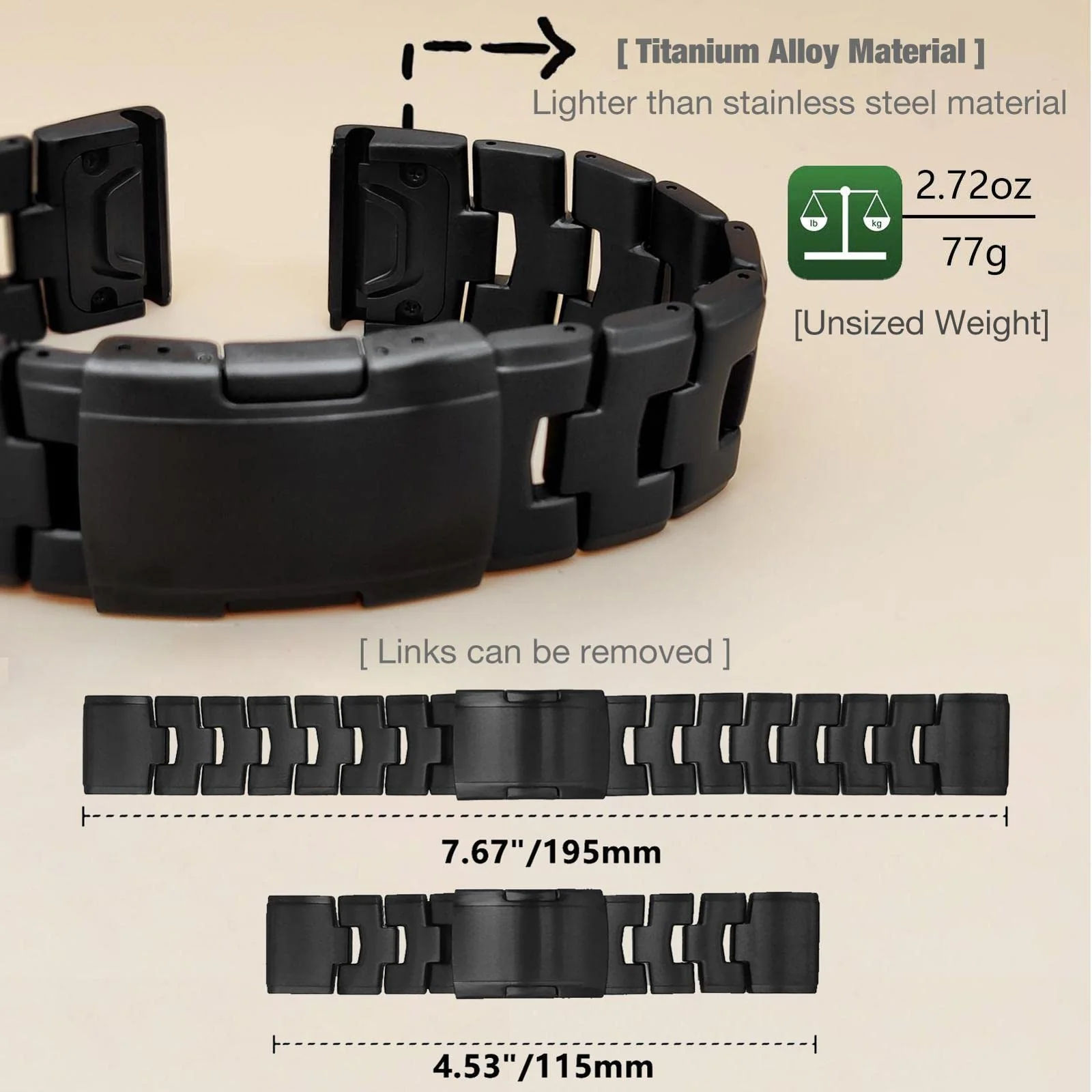 Abanen Titanium Watch Band for Fenix 7/ Fenix 6 / Fenix 5 /epix Pro 47mm, Quick Fit 22mm Titanium Metal Wristband with Stainless Steel Buckle for Garmin Quatix 7,Approach S62 (Black) - Image 4