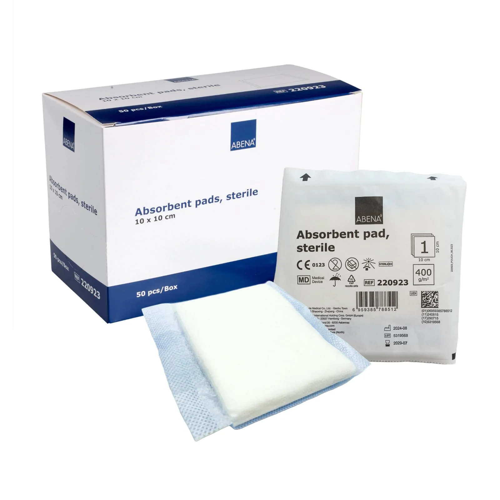 ABENA Absorbent Dressings 10 x 10 cm, Pack of 50, White, Sterile, Highly Absorbent Dressings, Absorbent Pad, Absorbent Pad, Latex Free, with Water-Repellent Backing