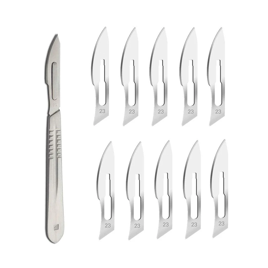 ABMRO Scalpel Blades #23 with #4 Scalpel Handle - Sterile Single Blade Razor for Dermaplaning, Dissection, Podiatry, Professional Grooming, Acne Removal, Mobile Phone Repair No.23 10pcs + No. 4 handle