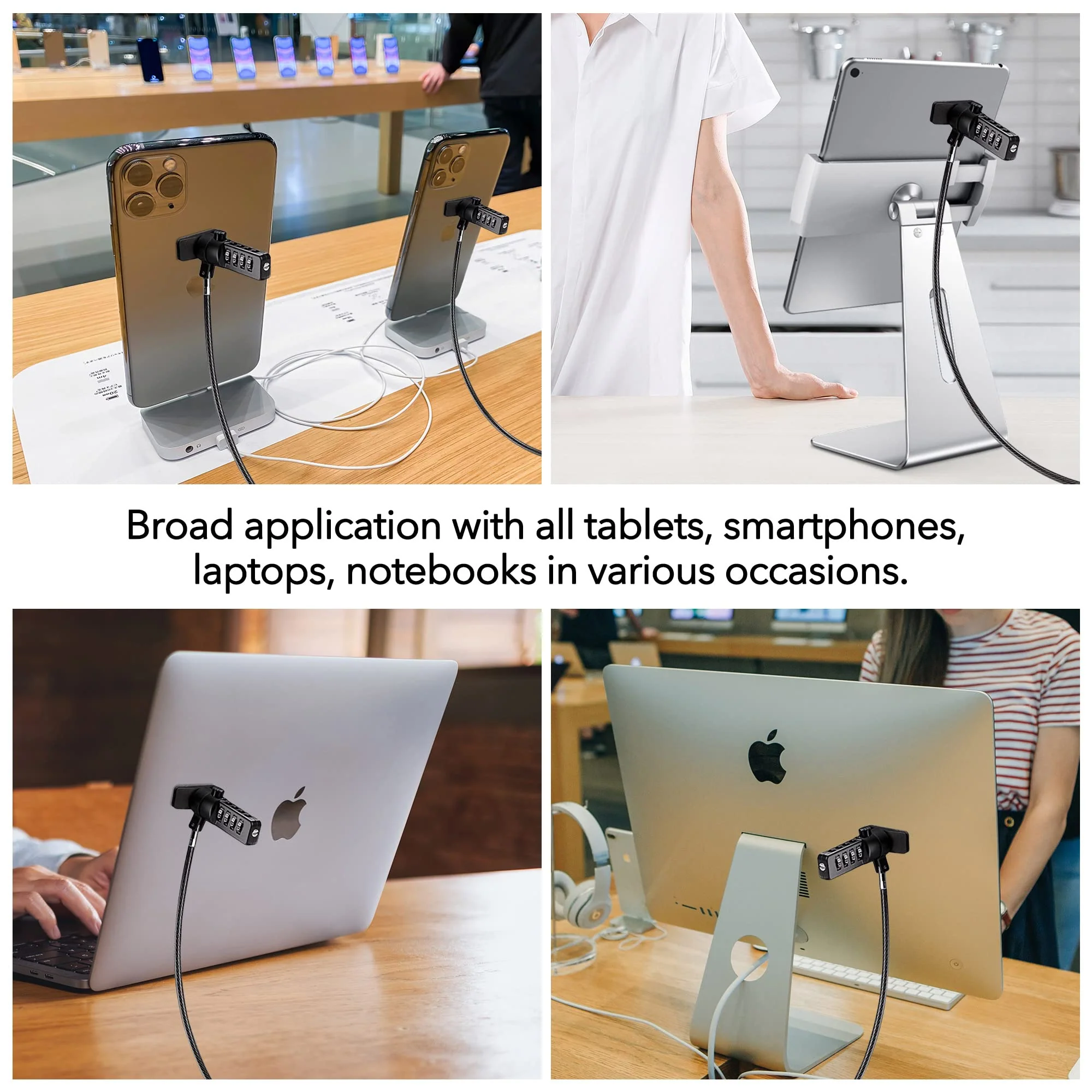 AboveTEK iPad Lock Security Cable w/Adhesive Plates, 6Ft Keyless 4 Digit Combination Tablet Lock Kit, Anti-Theft Hardware Locking Cable for iPhone Cell Phone MacBook Laptop in Showroom Retail Store - Image 2