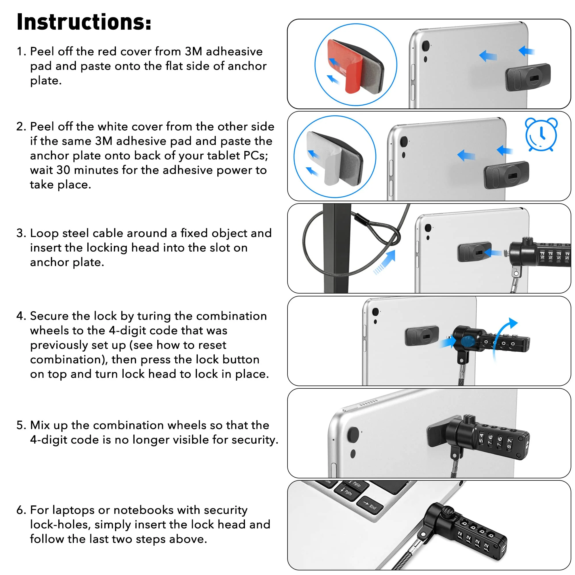 AboveTEK iPad Lock Security Cable w/Adhesive Plates, 6Ft Keyless 4 Digit Combination Tablet Lock Kit, Anti-Theft Hardware Locking Cable for iPhone Cell Phone MacBook Laptop in Showroom Retail Store - Image 7