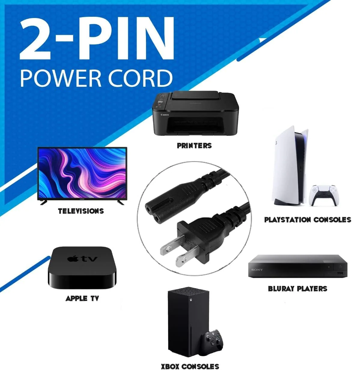 AC 2 Prong Power Cord 3FT C7 Figure 8 Replacement Power Cable for Samsung TV, LG, TCL, Roku, PS5, PS4, Xbox Game Console, Monitor and More - Image 2