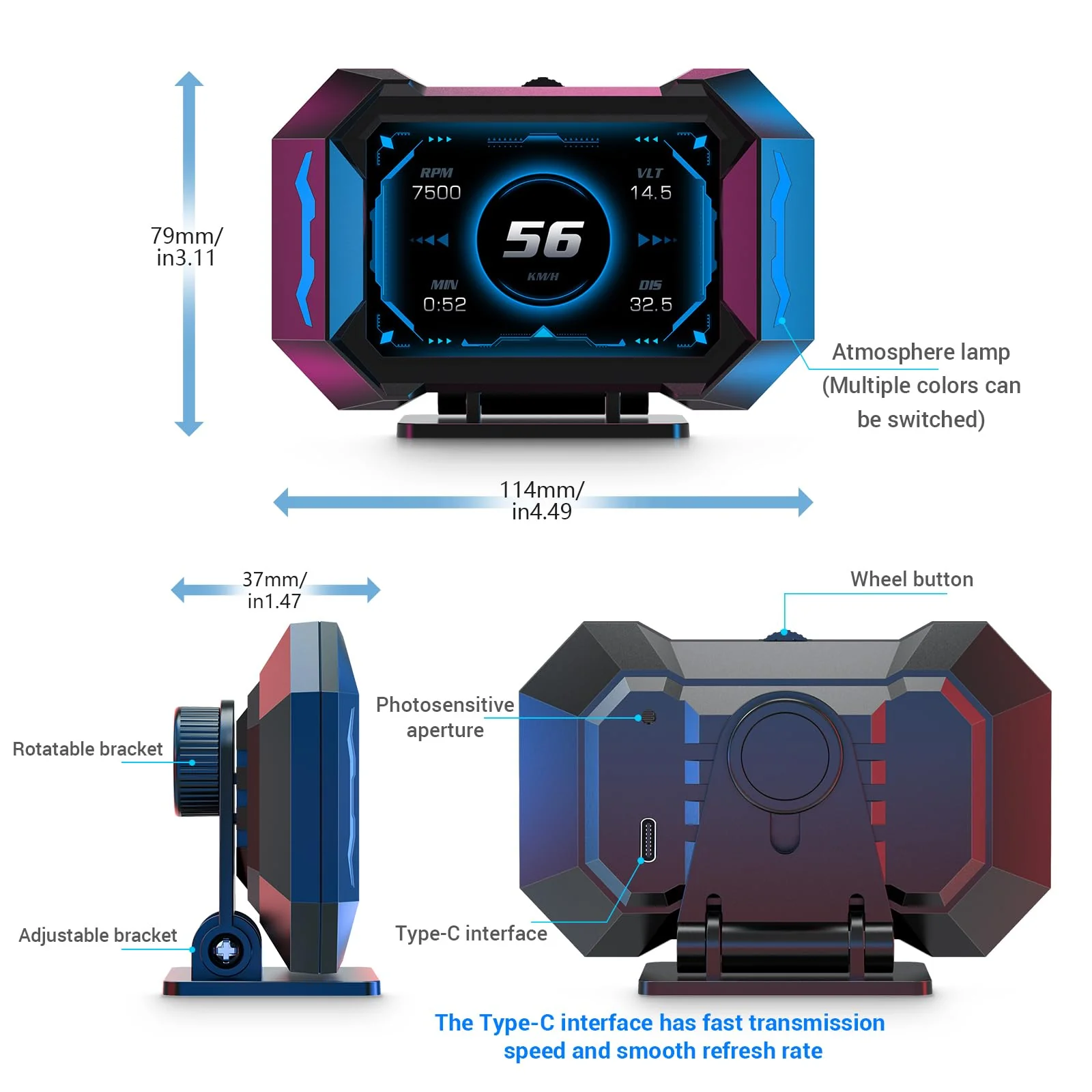 ACECAR OBD2 Gauge Car HUD Head Up Display Gauge Display Tachometer Gauge Multi-function Digital OBDII Speedometer with Car Speed MPH Altitude Driving Direction Slope Meter for Most Vehicles After 2008 - Image 6