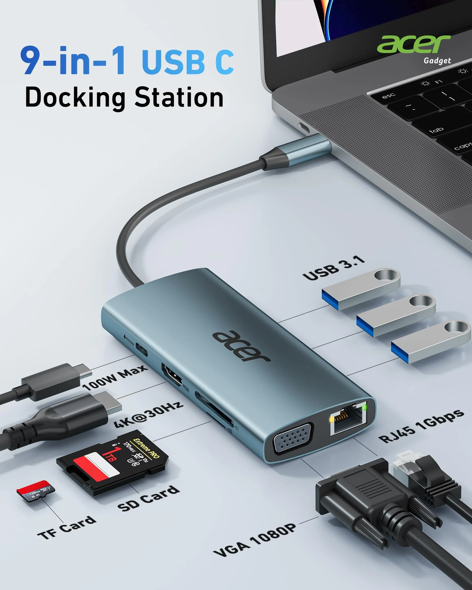 Acer USB C Hub with 4k HDMI, 9-in-1 USB C to Ethernet Adapter, 5Gbps USB-A 3.1 Docking Station, PD 100W Charging, SD Card Reader, USB to VGA Splitter for MacBook, Acer, Laptops, Surface and More Space grey - Image 2