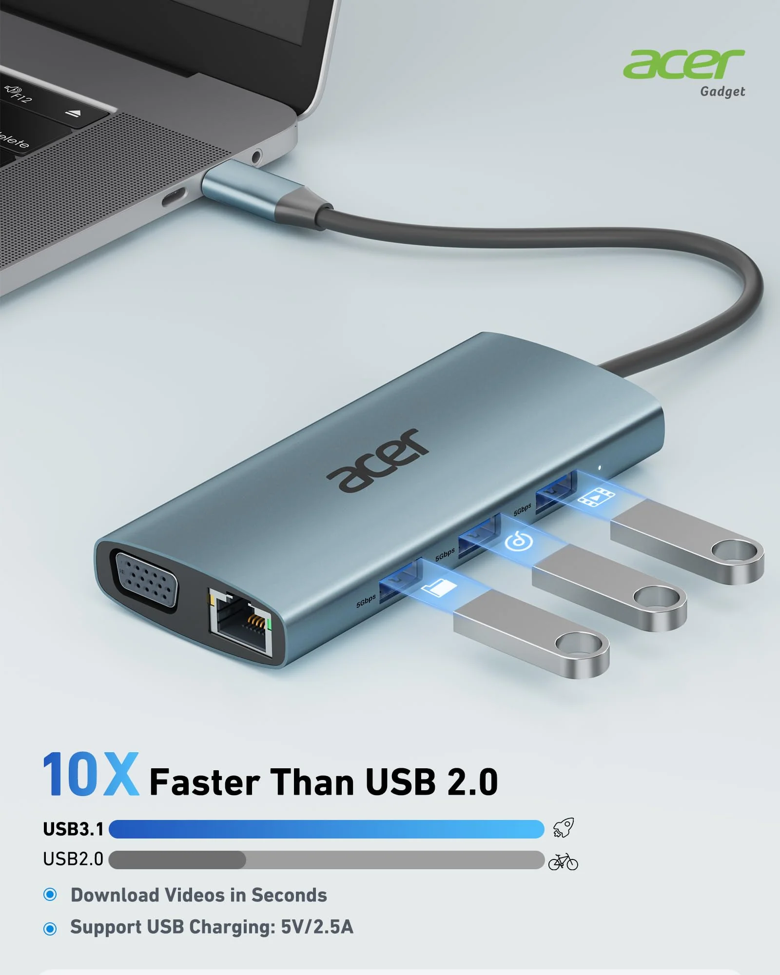 Acer USB C Hub with 4k HDMI, 9-in-1 USB C to Ethernet Adapter, 5Gbps USB-A 3.1 Docking Station, PD 100W Charging, SD Card Reader, USB to VGA Splitter for MacBook, Acer, Laptops, Surface and More Space grey - Image 3