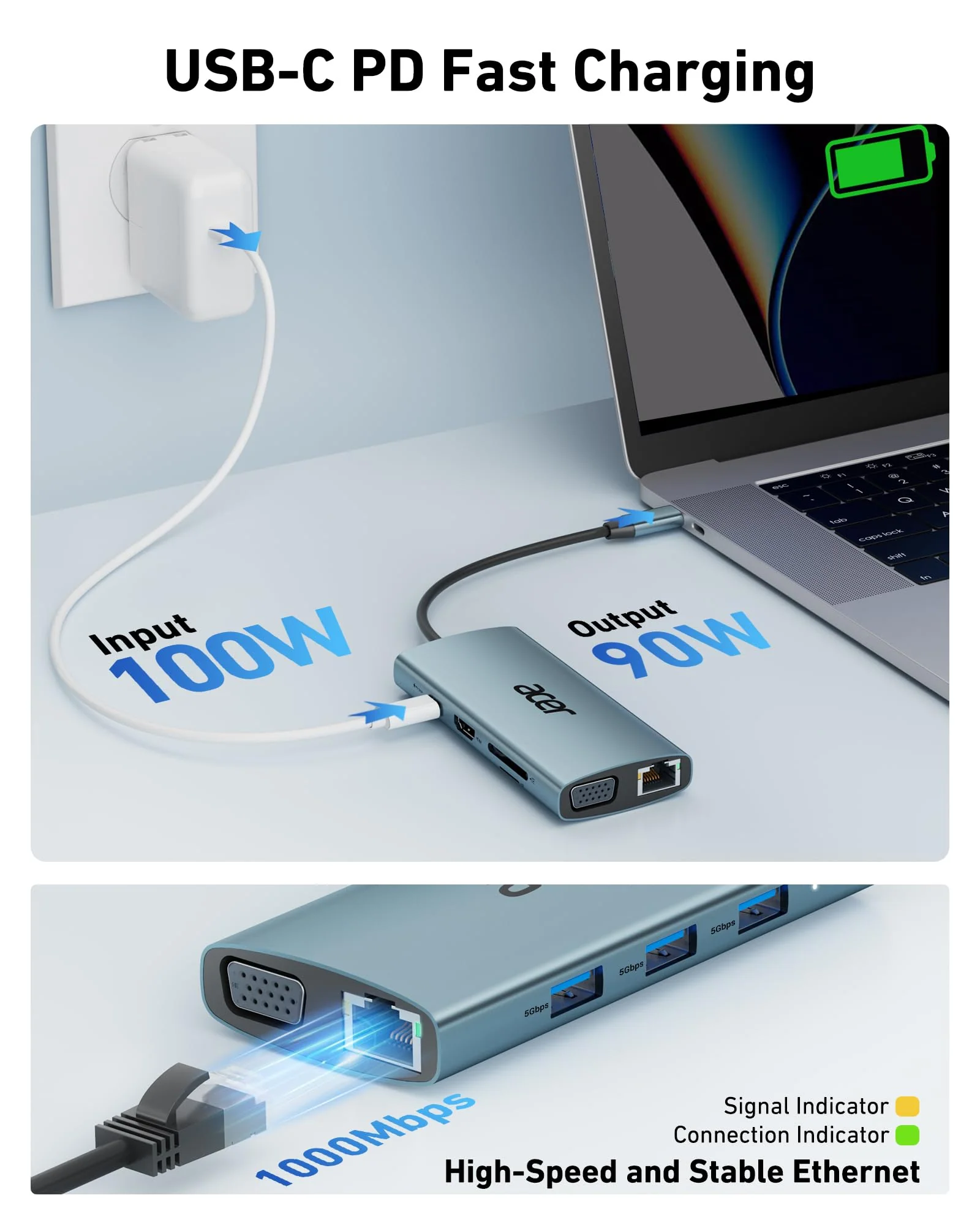 Acer USB C Hub with 4k HDMI, 9-in-1 USB C to Ethernet Adapter, 5Gbps USB-A 3.1 Docking Station, PD 100W Charging, SD Card Reader, USB to VGA Splitter for MacBook, Acer, Laptops, Surface and More Space grey - Image 5