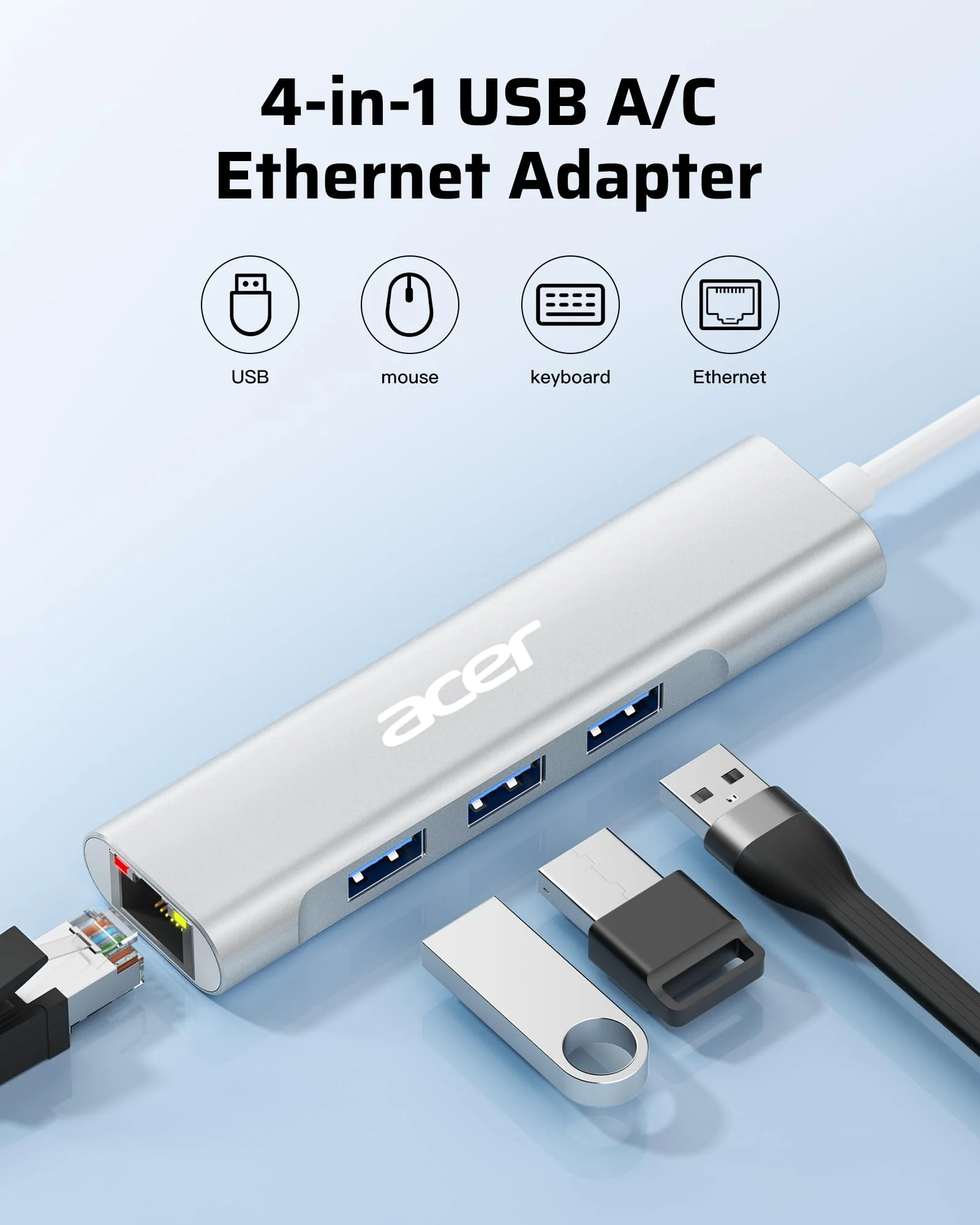 Acer USB C to Ethernet Adapter, 4-in-1 USB-A/C Hub with 3 USB-A 3.1 & 1Gbps RJ45 Networks, USB-C to LAN Adapter for MacBook Pro Air, Surface, Chromebook, Acer, Laptop, and More USB A+C - Image 2