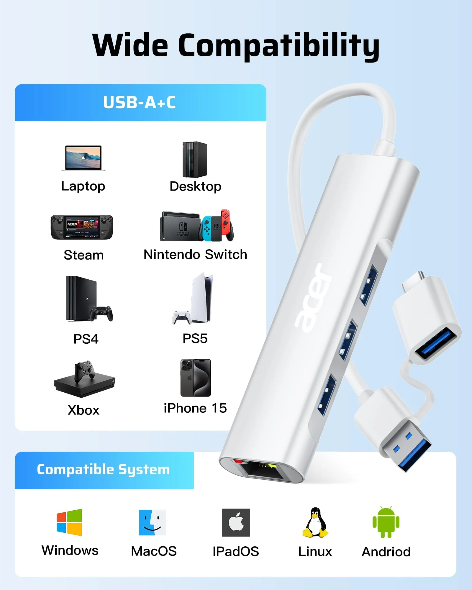 Acer USB C to Ethernet Adapter, 4-in-1 USB-A/C Hub with 3 USB-A 3.1 & 1Gbps RJ45 Networks, USB-C to LAN Adapter for MacBook Pro Air, Surface, Chromebook, Acer, Laptop, and More USB A+C - Image 6