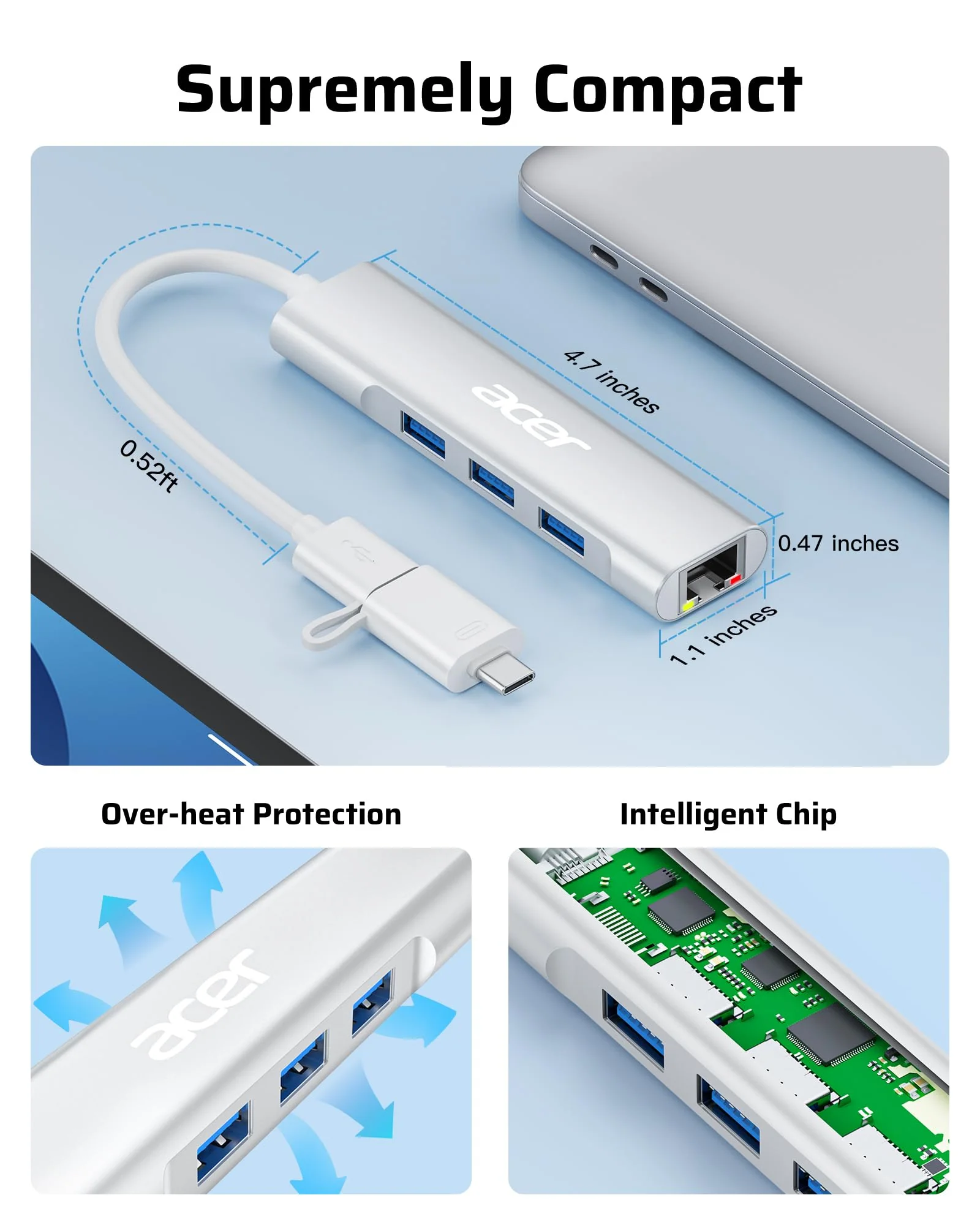 Acer USB C to Ethernet Adapter, 4-in-1 USB-A/C Hub with 3 USB-A 3.1 & 1Gbps RJ45 Networks, USB-C to LAN Adapter for MacBook Pro Air, Surface, Chromebook, Acer, Laptop, and More USB A+C - Image 7
