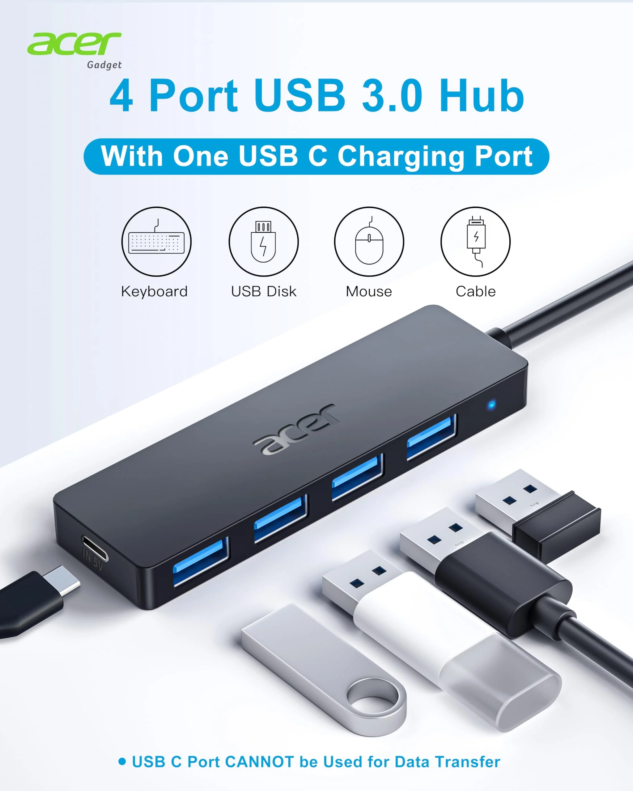 Acer USB Hub 4 Ports, Multiple USB 3.0 Hub, USB A Expander for Laptop with USB C Power Port, USB Extender for A Port Laptop, Windows, Linux, Acer PC, and More (4ft) 4ft USB-A 3.0 - Image 2