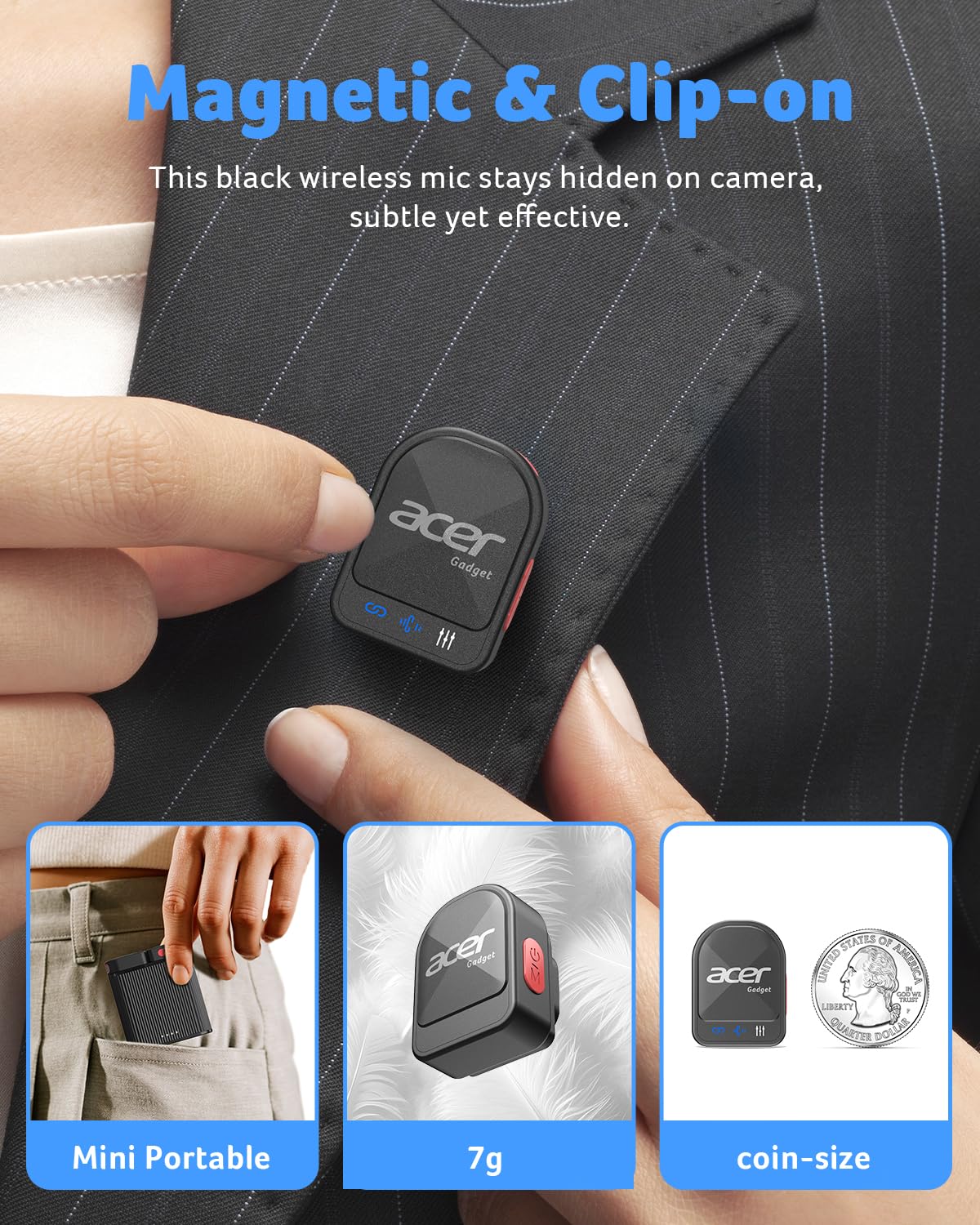 acer Wireless Lavalier Microphone for iPhone/Android/PC/Laptop Portable Mini Clip on Mic with Lightning + USB C Plug, 48KHz 24Bit, Noise Cancellation, 24H Battery for Video Recording - Image 2