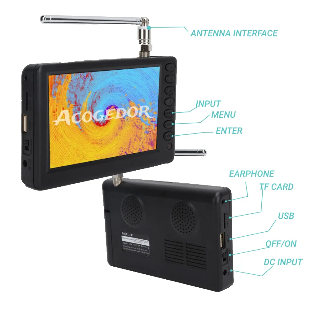 Acogedor 5 Inch Portable TV, 1080P ATSC Pocket Digital Car TV, with 1500mAh Rechargeable Battery, Support USB, TF Card, Mini Digital Television for Camping, Kitchen - Image 3