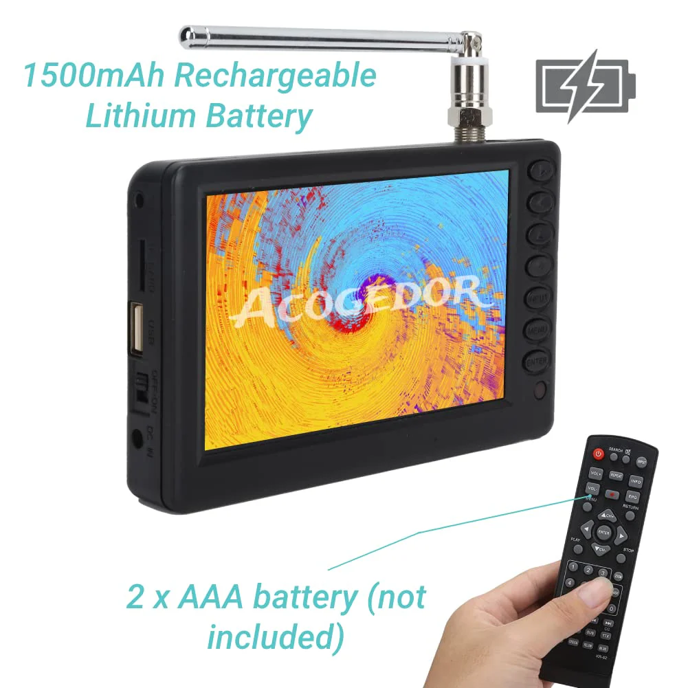 Acogedor 5 Inch Portable TV, 1080P ATSC Pocket Digital Car TV, with 1500mAh Rechargeable Battery, Support USB, TF Card, Mini Digital Television for Camping, Kitchen - Image 4