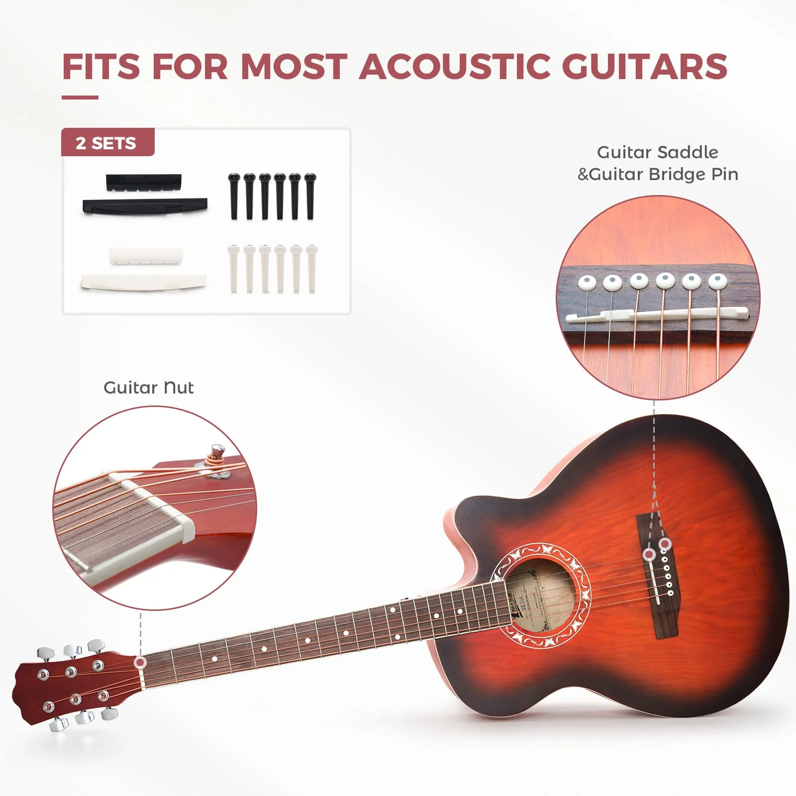 Acoustic Guitar Accessories Kit Guitar Strings Replacement Changing Tool Include Strings, Capo, Picks, Picks Holder, String Winder, Pins, Nuts Saddles for Guitar Players Beginners,58 Pcs - Image 6