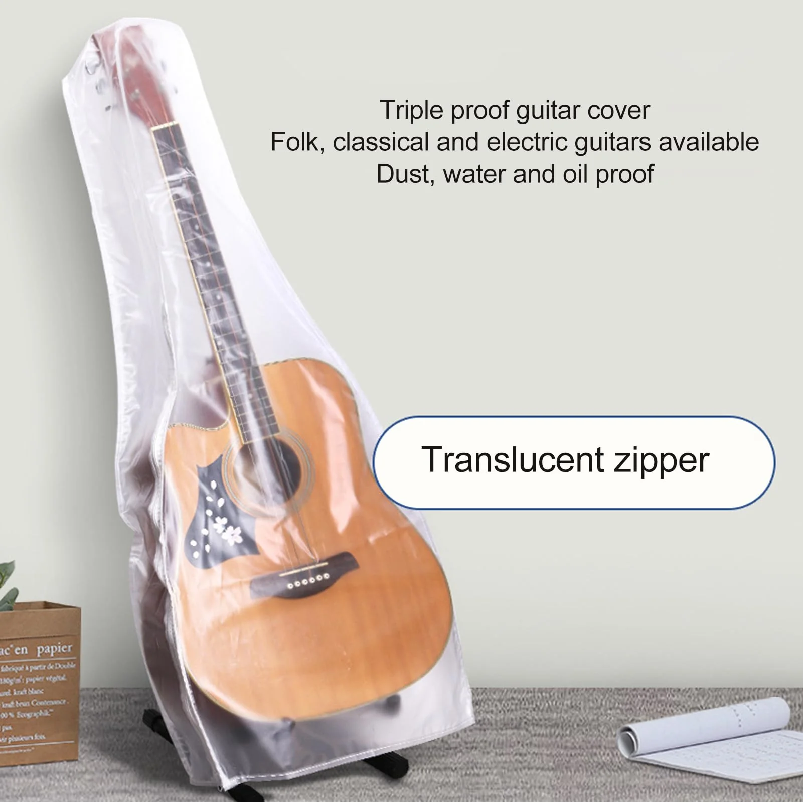 Acoustic Guitar Dust Cover, Waterproof PVC Frosted Electric Guitar Dust Cover Zippered Storage Bag, Instrument Shell for Bass Folk Classical Guitars, Clear - Image 2