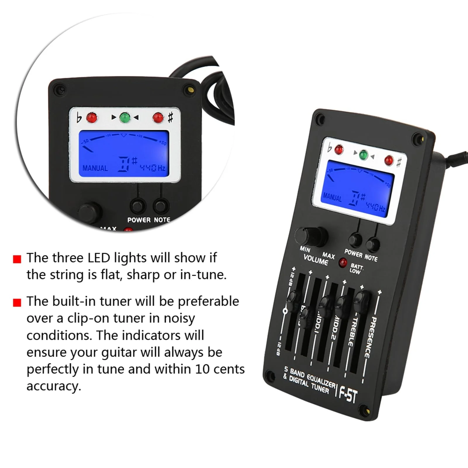 Acoustic Guitar Preamp, F5T 5Band Equalizer Pickup Guitar Preamp, Electric Guitar Pickup Tuner with Lcd Display for Guitar Volume Control - Image 4