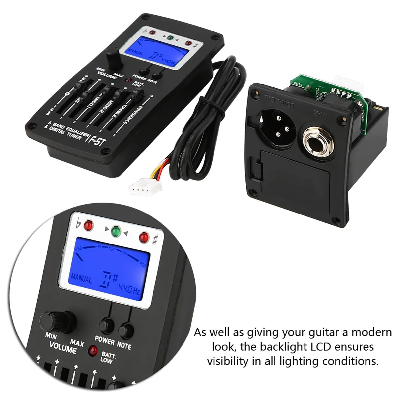 Acoustic Guitar Preamp, F5T 5Band Equalizer Pickup Guitar Preamp, Electric Guitar Pickup Tuner with Lcd Display for Guitar Volume Control - Image 5