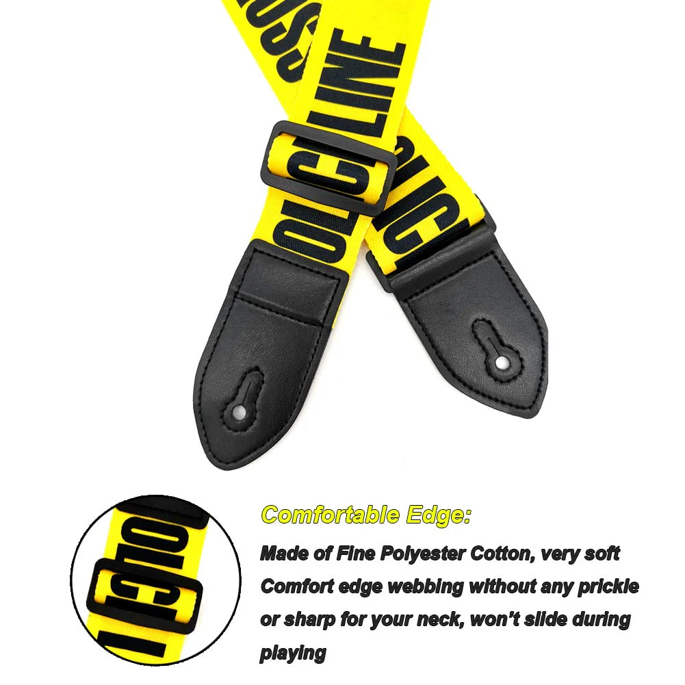Acoustic Guitar Strap Electric Guitar Straps with Leather Ends Adjustable Classical Suitable For Bass, Electric & Acoustic Guitars (Yellow Police Line) - Image 2