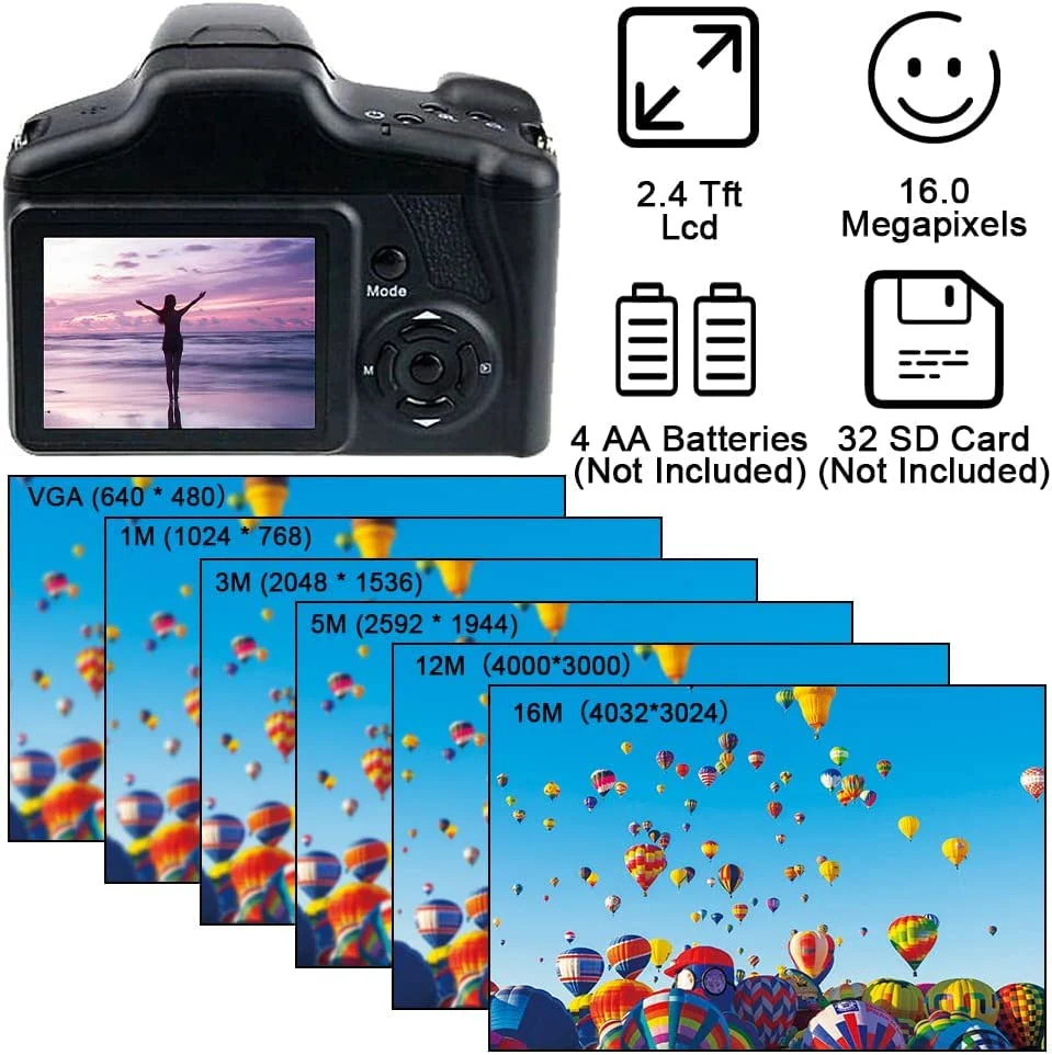 Acuvar Digital Camera, 16 Megapixel Photo Camera Mini Digital SLR Camera, CMOS Sensor 2.4“ TFT LCD Compact Camera, 16X Digital Zoom Video Camera for Children Adults Beginners Black Camera Only - Image 3