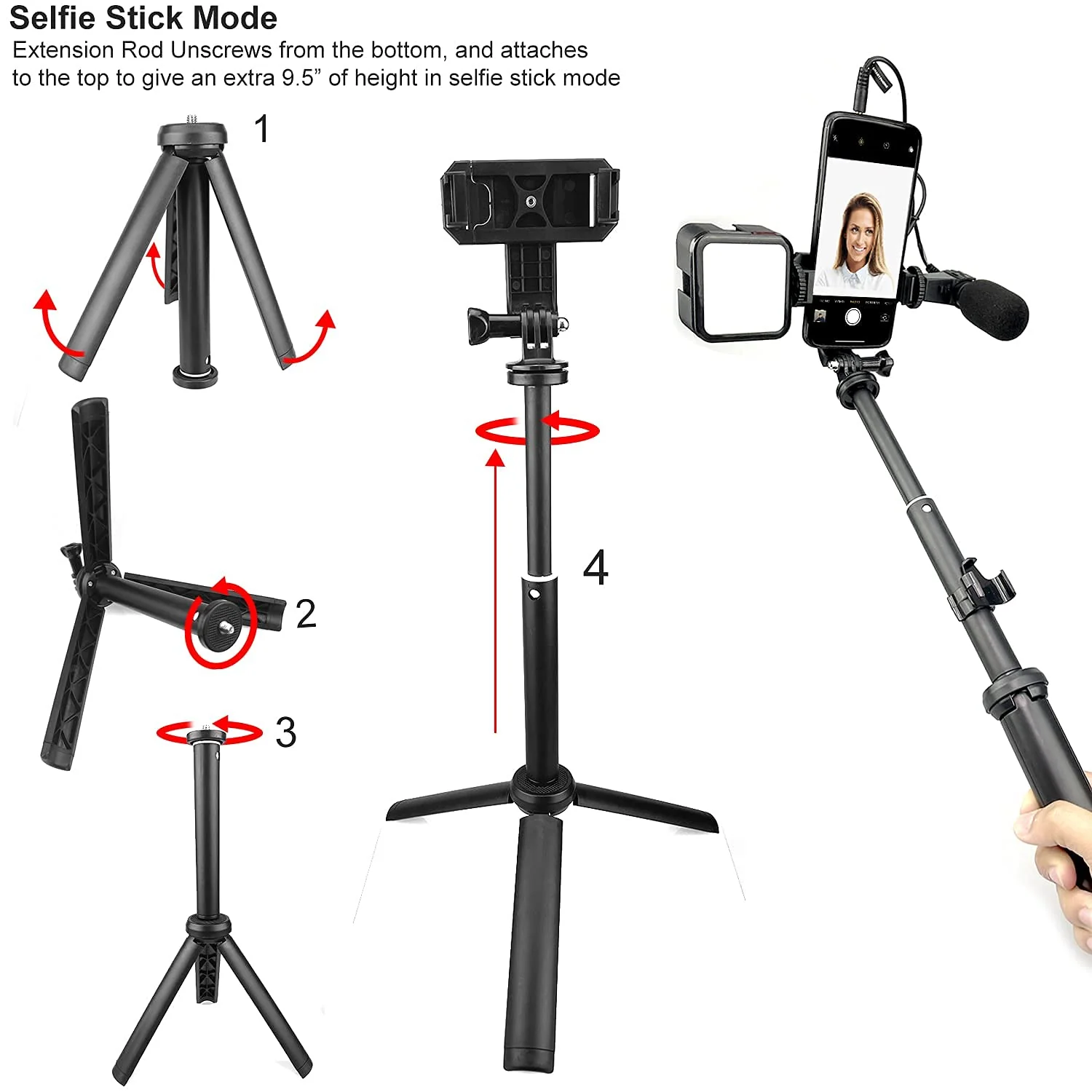 Acuvar Vlogging Kit for Smartphones, iPhones, Android, Tablets, DSLR, Cameras for Online Live Streaming, Video Conference, YouTube, Instagram TikTok 2) Selfie Stick/ Tripod Kit - Image 3