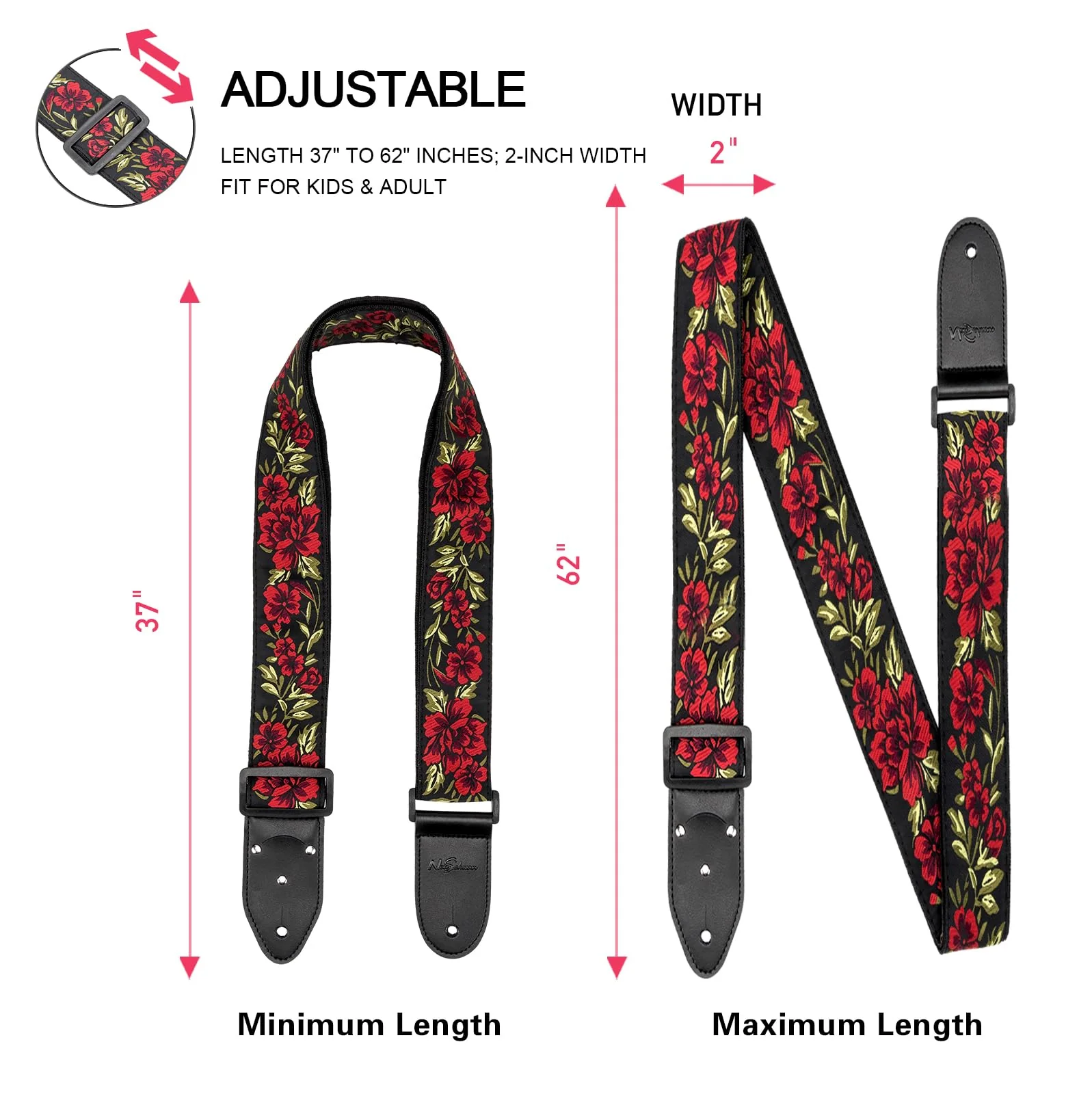 Adjustable Guitar Strap for Electric/Acoustic Guitar/Bass, Includes 2 Picks + Strap Locks + Strap Button, Cotton Jacquard Embroidered Genuine leather Ends Guitar Straps with 1 Pick Holder, Rose Rose&strap Button - Image 2