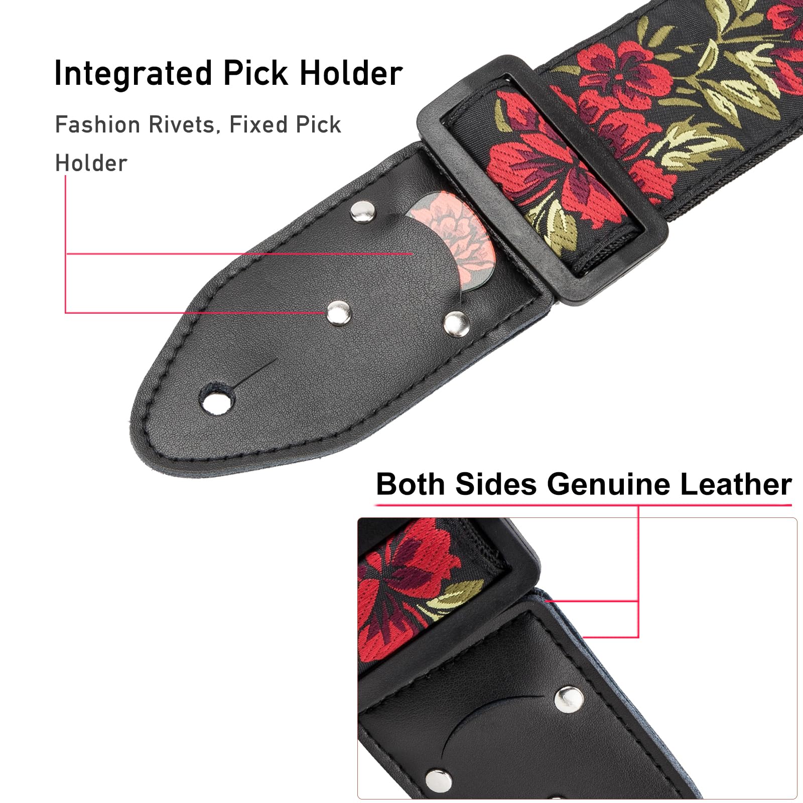 Adjustable Guitar Strap for Electric/Acoustic Guitar/Bass, Includes 2 Picks + Strap Locks + Strap Button, Cotton Jacquard Embroidered Genuine leather Ends Guitar Straps with 1 Pick Holder, Rose Rose&strap Button - Image 3
