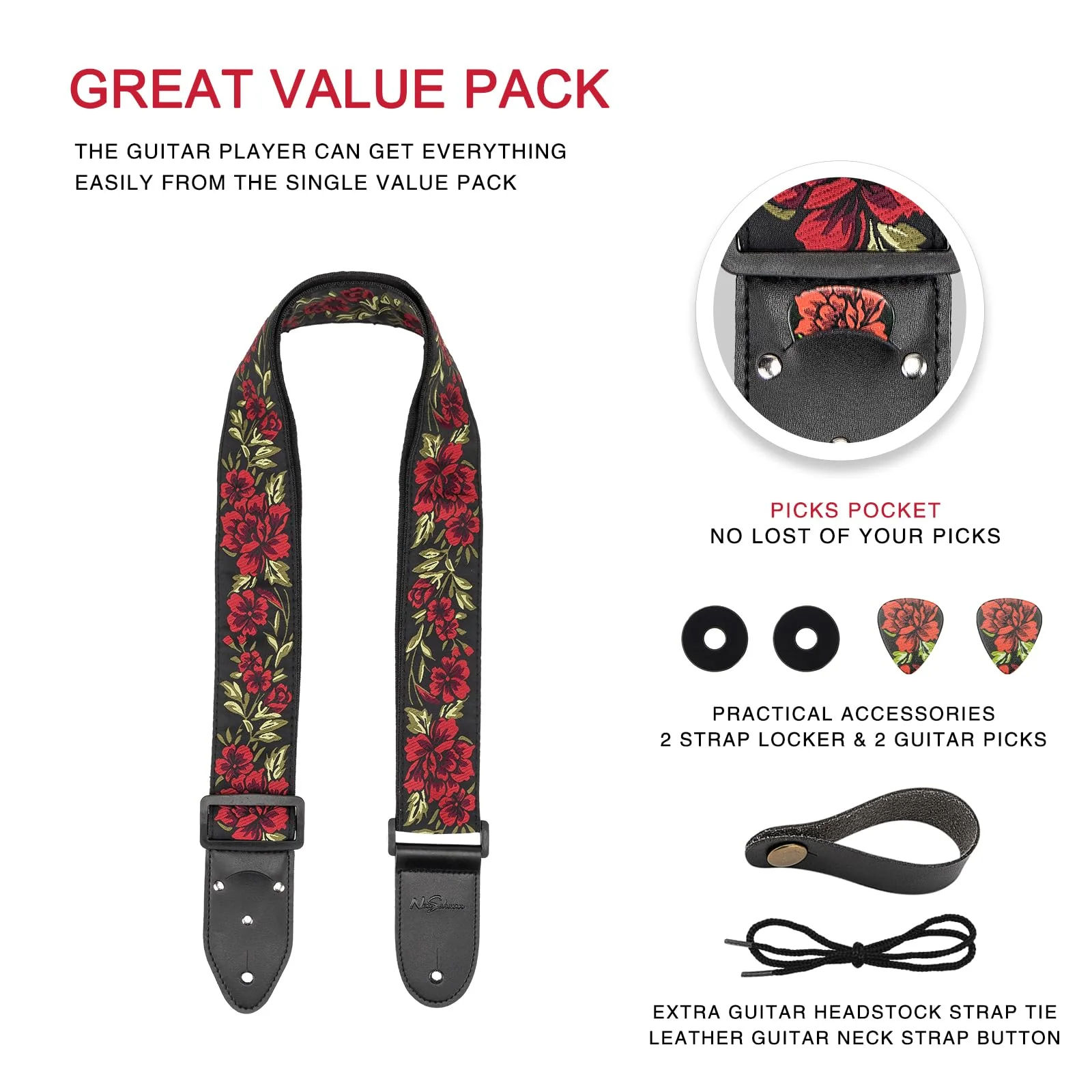 Adjustable Guitar Strap for Electric/Acoustic Guitar/Bass, Includes 2 Picks + Strap Locks + Strap Button, Cotton Jacquard Embroidered Genuine leather Ends Guitar Straps with 1 Pick Holder, Rose Rose&strap Button - Image 5