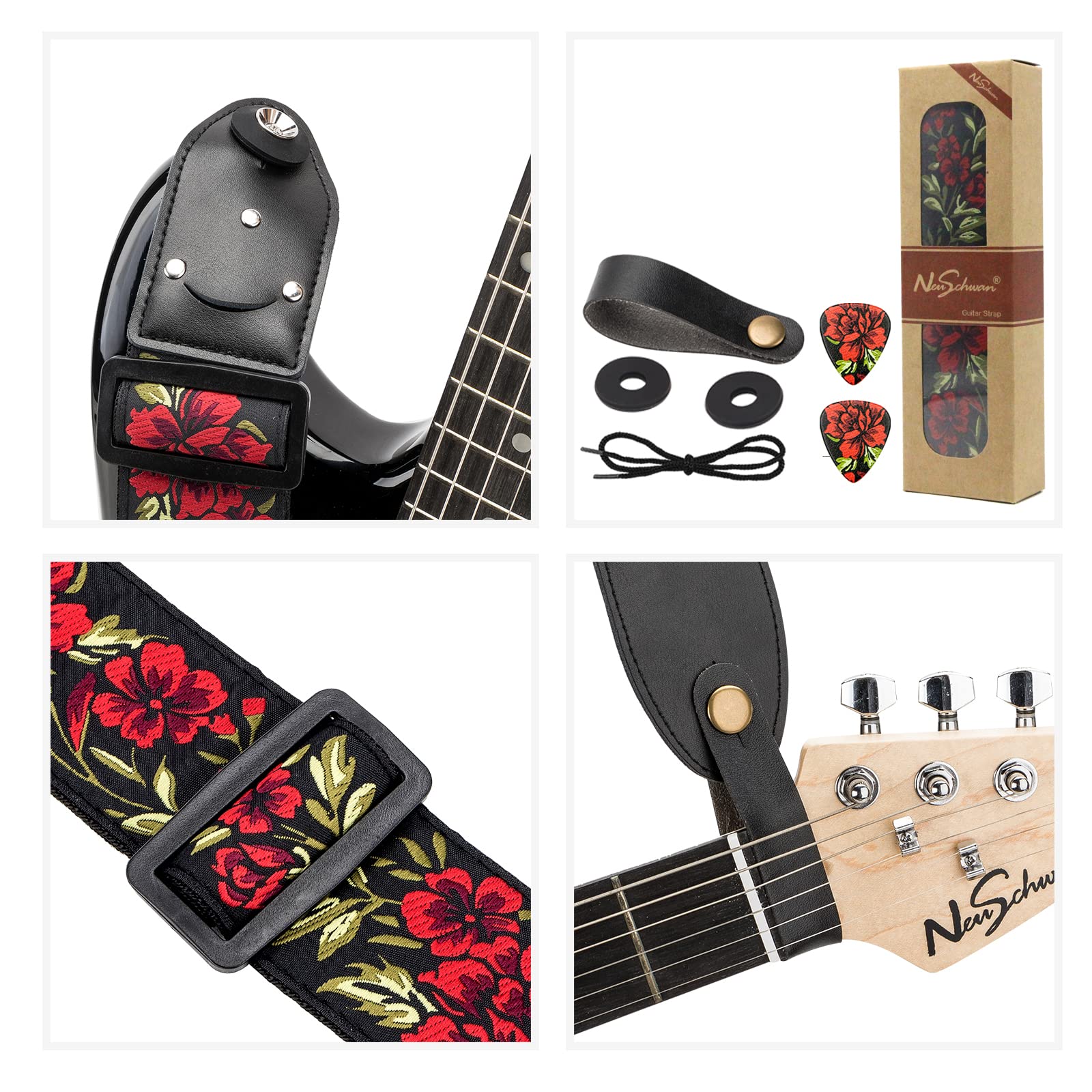 Adjustable Guitar Strap for Electric/Acoustic Guitar/Bass, Includes 2 Picks + Strap Locks + Strap Button, Cotton Jacquard Embroidered Genuine leather Ends Guitar Straps with 1 Pick Holder, Rose Rose&strap Button - Image 6