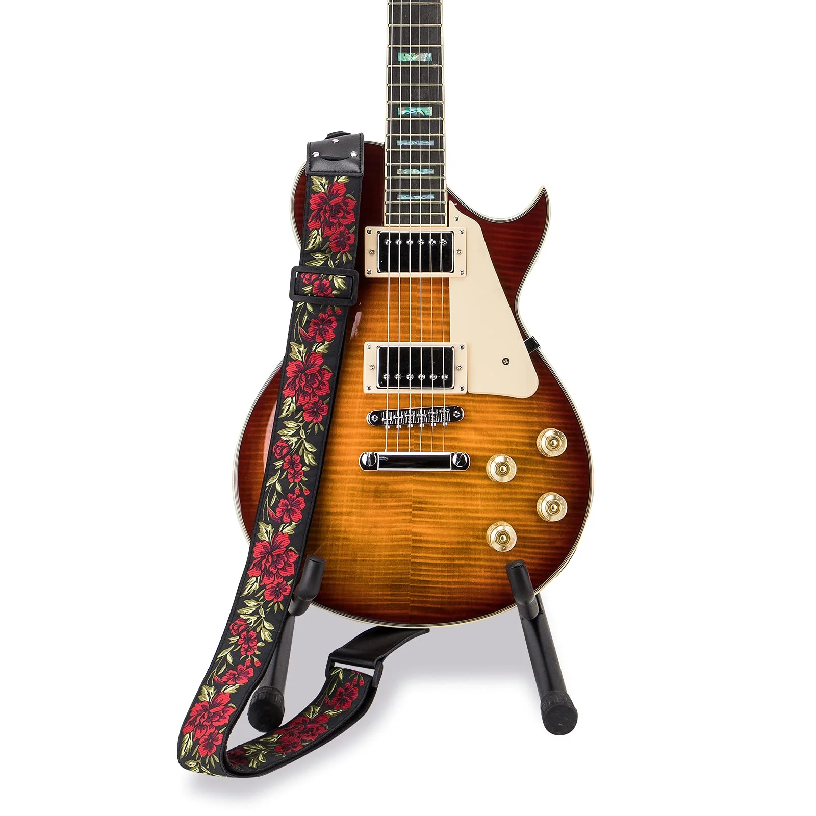 Adjustable Guitar Strap for Electric/Acoustic Guitar/Bass, Includes 2 Picks + Strap Locks + Strap Button, Cotton Jacquard Embroidered Genuine leather Ends Guitar Straps with 1 Pick Holder, Rose Rose&strap Button - Image 7
