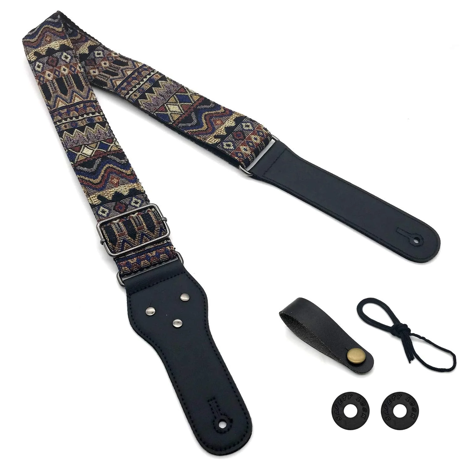 Adjustable Guitar Strap with 2 Strap Locks and 1 Leather Strap Button D