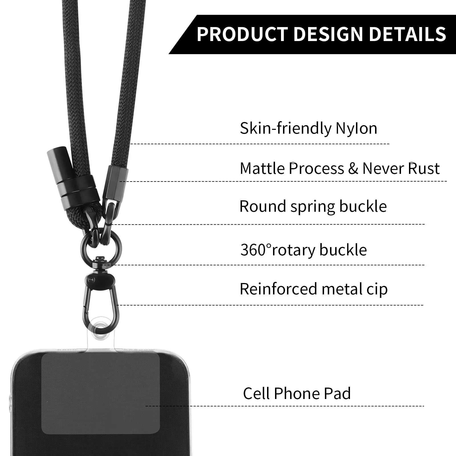 Adjustable Phone Crossbody Lanyards, Thick Nylon Phone Lanyard Strap Around the Neck Black - Image 2