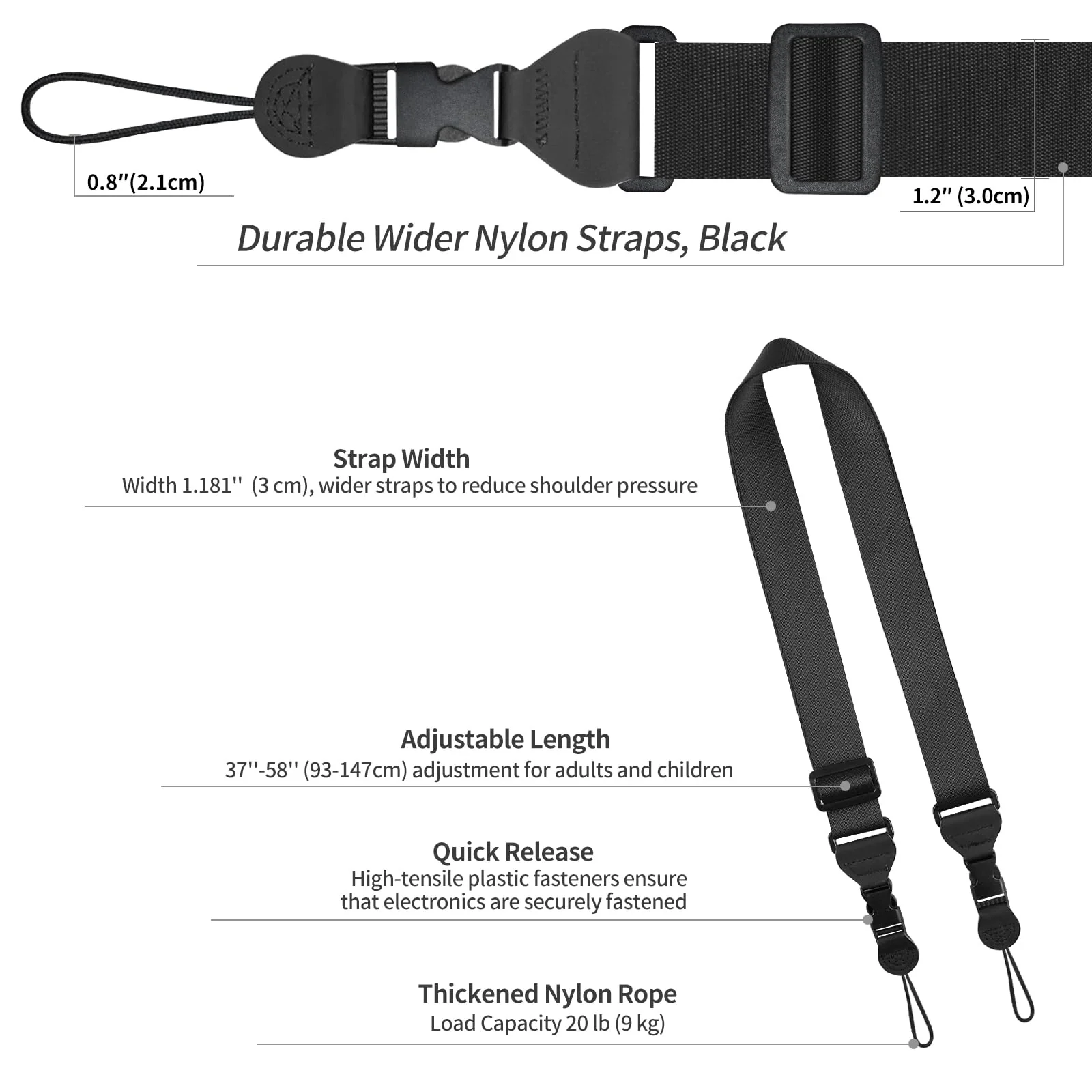 Adjustable Shoulder Strap, Nylon Camera Strap, Comfortable Neck Strap for iPad, Cellphone Tablet, Camera, Laptop, Binocular, Luggage Bag (Black Universal Lanyard) 1 Pack-Black - Image 6