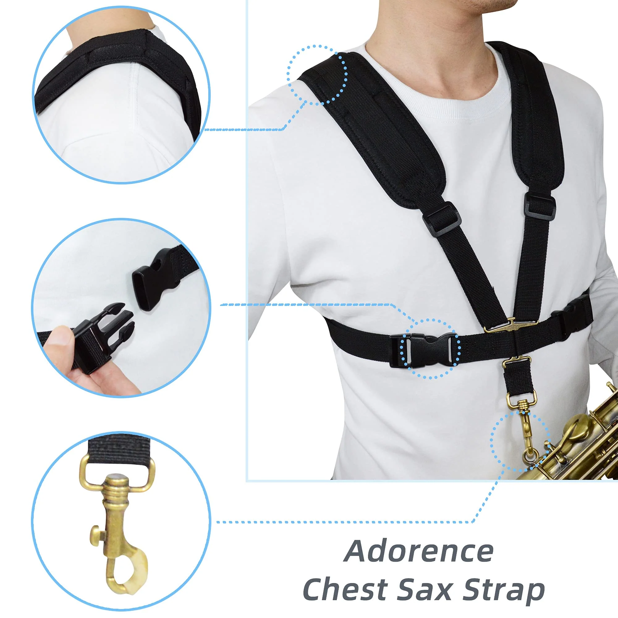 adorence Saxophone Harness Strap, Padded Saxophone Shoulder Strap/Sax Chest Strap - Baritone, Tenor, Alto and Bari Sax Strap for Regular Beginner, Medium Detachable Clips - Image 3
