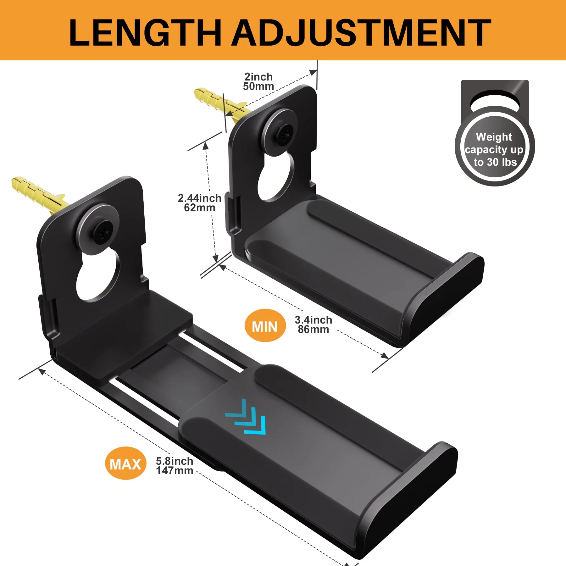 AENTGIU Sound Bar Wall Mount Bracket Universal Speaker Mounting Shelf Adjustable (3.4"-5.8") for Samsung, Vizio, Lg, Sony, JBL, Bose Soundbar Mount with Hardware Kit 1 Set - Image 5