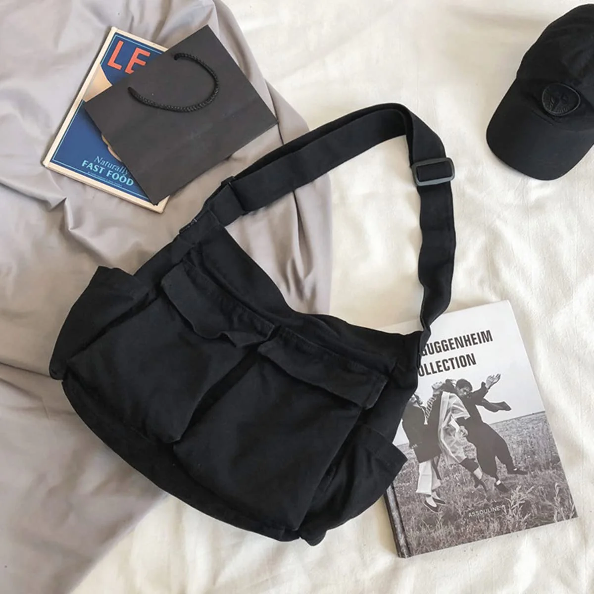 Aesthetic Cute Messenger Bag for School Vintage Black Canvas Crossbody for Women Shoulder Laptop Bag - Image 2