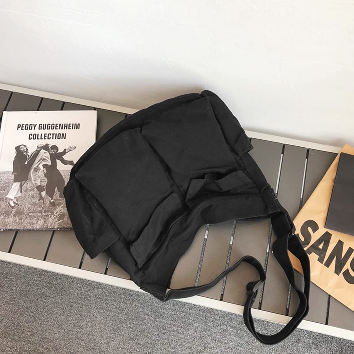 Aesthetic Cute Messenger Bag for School Vintage Black Canvas Crossbody for Women Shoulder Laptop Bag - Image 3