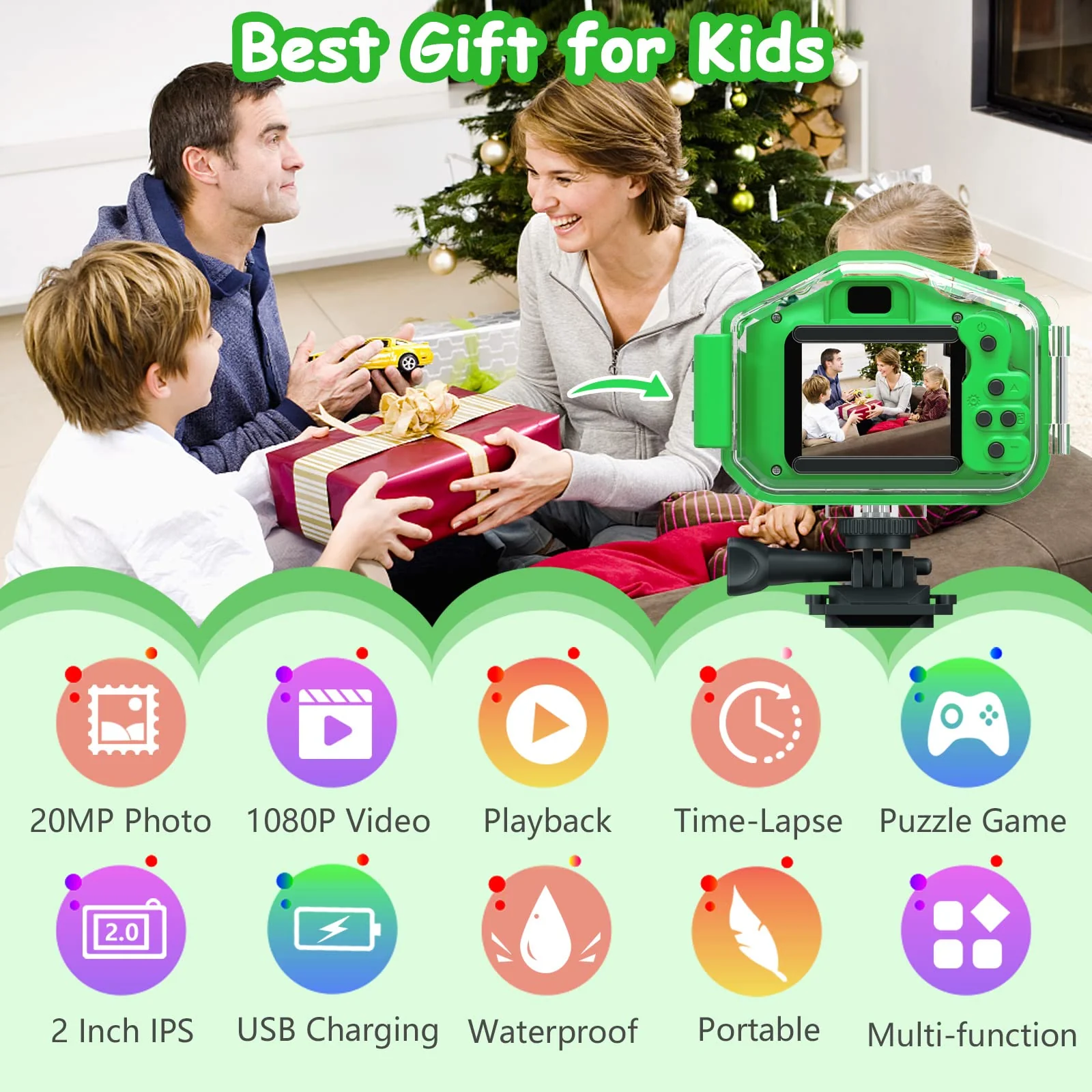 Agoigo Kids Waterproof Camera Toys for 3-12 Year Old Boys Girls Christmas Birthday Gifts HD Children's Digital Action Camera Child Underwater Sports Camera 2Inch Screen with 32GB Card (Green) Green - Image 2