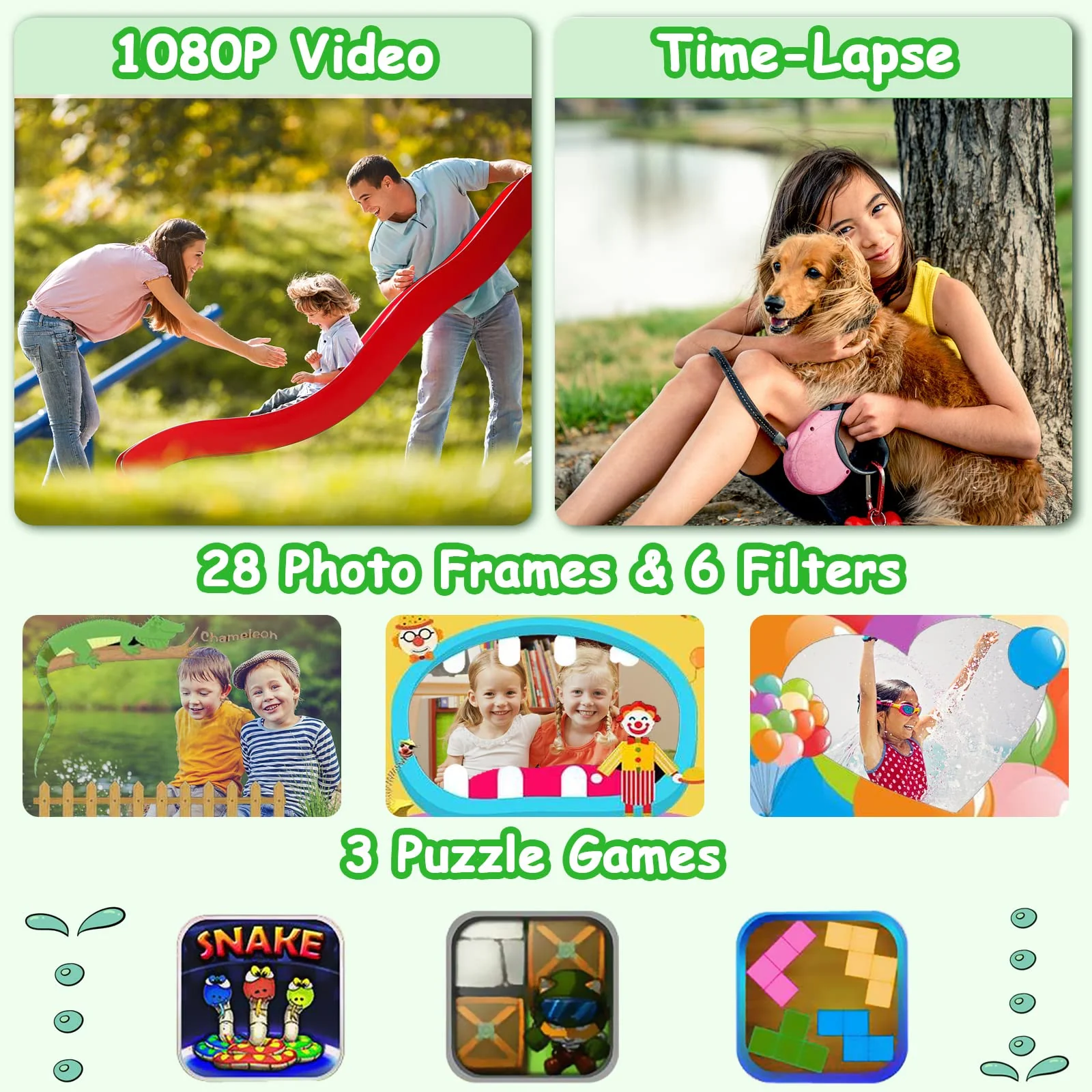 Agoigo Kids Waterproof Camera Toys for 3-12 Year Old Boys Girls Christmas Birthday Gifts HD Children's Digital Action Camera Child Underwater Sports Camera 2Inch Screen with 32GB Card (Green) Green - Image 3