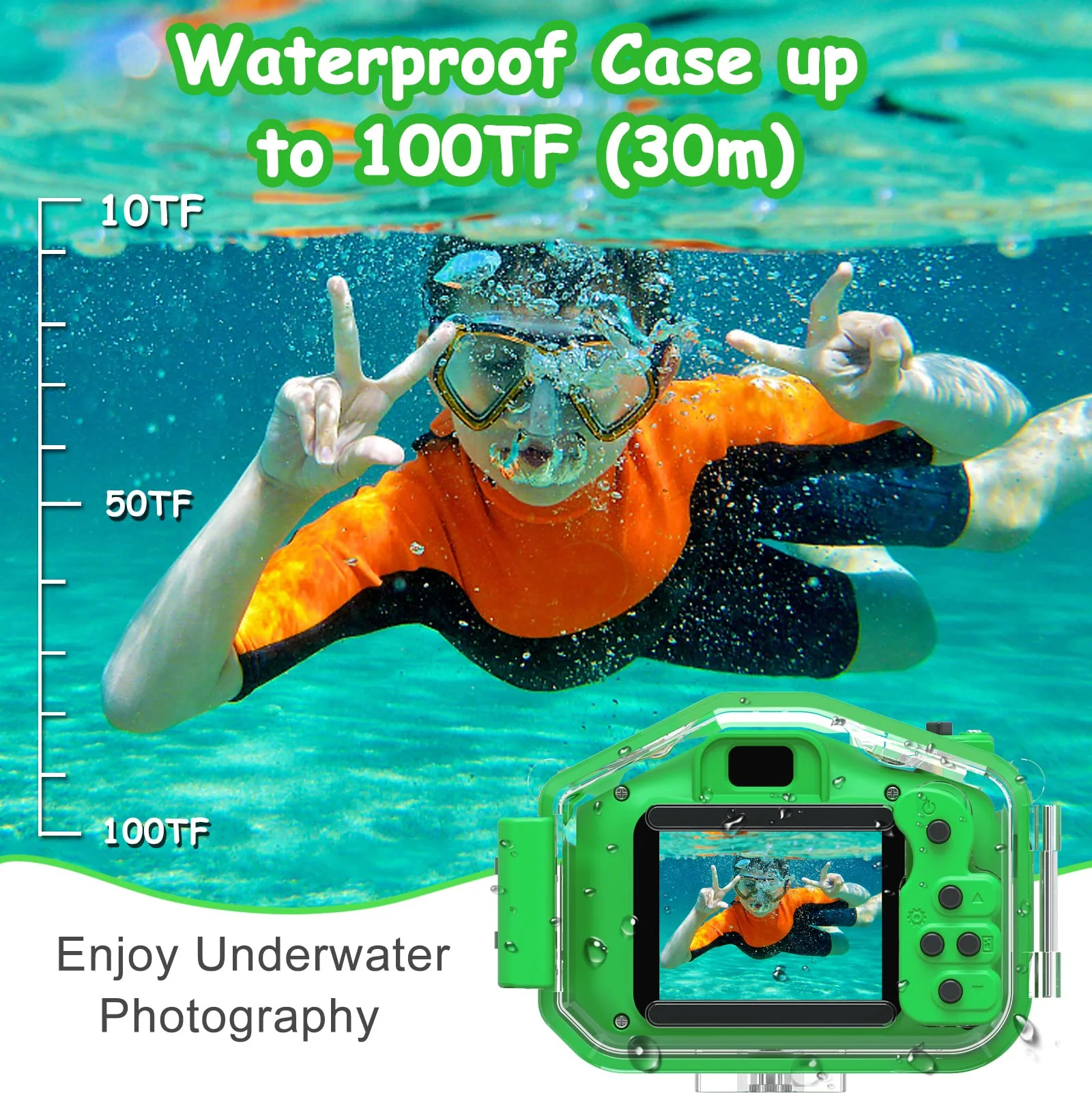 Agoigo Kids Waterproof Camera Toys for 3-12 Year Old Boys Girls Christmas Birthday Gifts HD Children's Digital Action Camera Child Underwater Sports Camera 2Inch Screen with 32GB Card (Green) Green - Image 4
