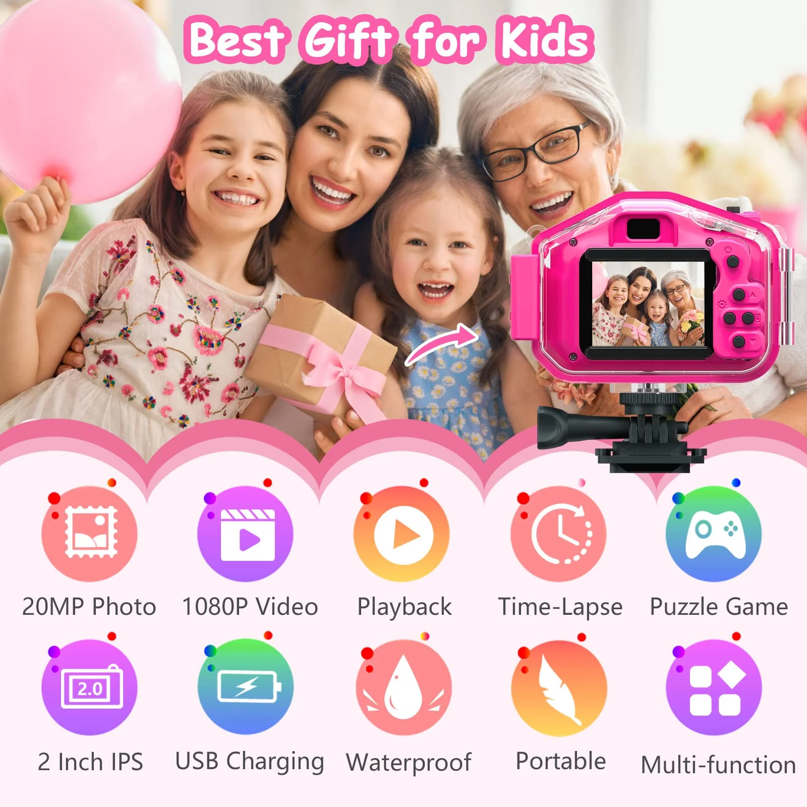 Agoigo Kids Waterproof Camera Toys for 3-12 Year Old Girls Christmas Birthday Gifts, Kids Underwater Sports Camera HD Children Digital Action Camera 2 Inch Screen with 32GB Card (Rose Red) Rose Red - Image 2