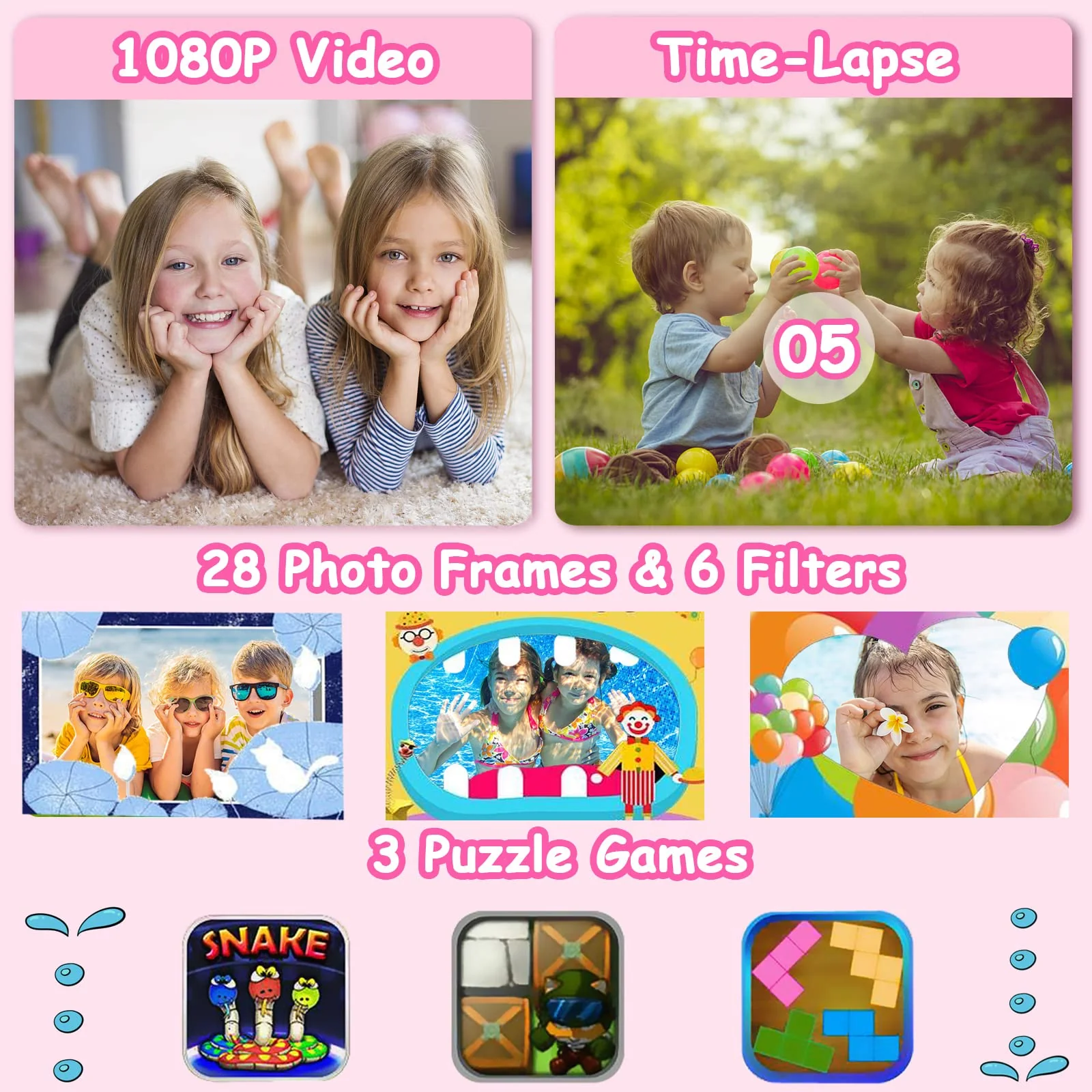 Agoigo Kids Waterproof Camera Toys for 3-12 Year Old Girls Christmas Birthday Gifts, Kids Underwater Sports Camera HD Children Digital Action Camera 2 Inch Screen with 32GB Card (Rose Red) Rose Red - Image 3
