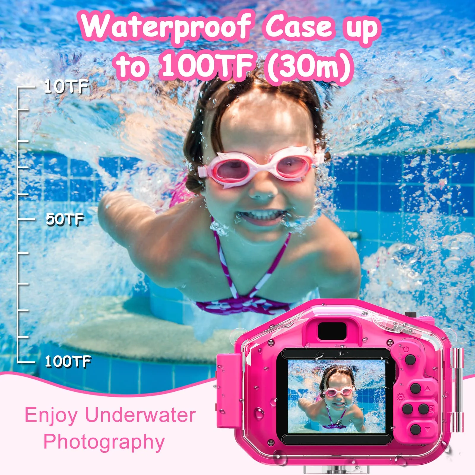Agoigo Kids Waterproof Camera Toys for 3-12 Year Old Girls Christmas Birthday Gifts, Kids Underwater Sports Camera HD Children Digital Action Camera 2 Inch Screen with 32GB Card (Rose Red) Rose Red - Image 4