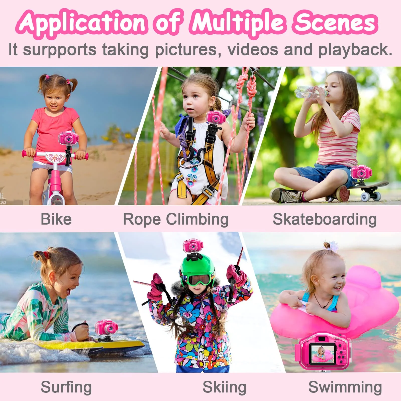 Agoigo Kids Waterproof Camera Toys for 3-12 Year Old Girls Christmas Birthday Gifts, Kids Underwater Sports Camera HD Children Digital Action Camera 2 Inch Screen with 32GB Card (Rose Red) Rose Red - Image 5