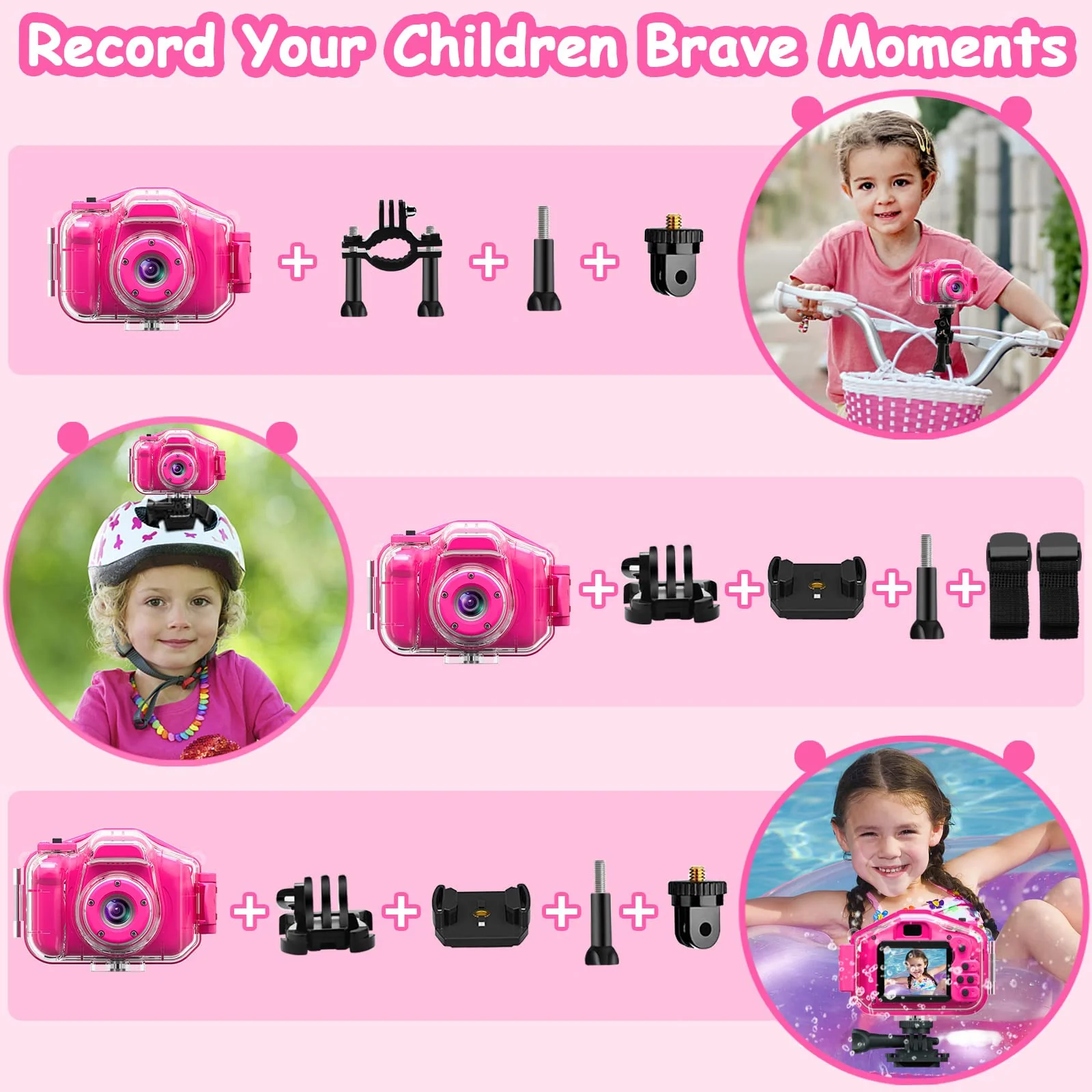 Agoigo Kids Waterproof Camera Toys for 3-12 Year Old Girls Christmas Birthday Gifts, Kids Underwater Sports Camera HD Children Digital Action Camera 2 Inch Screen with 32GB Card (Rose Red) Rose Red - Image 6