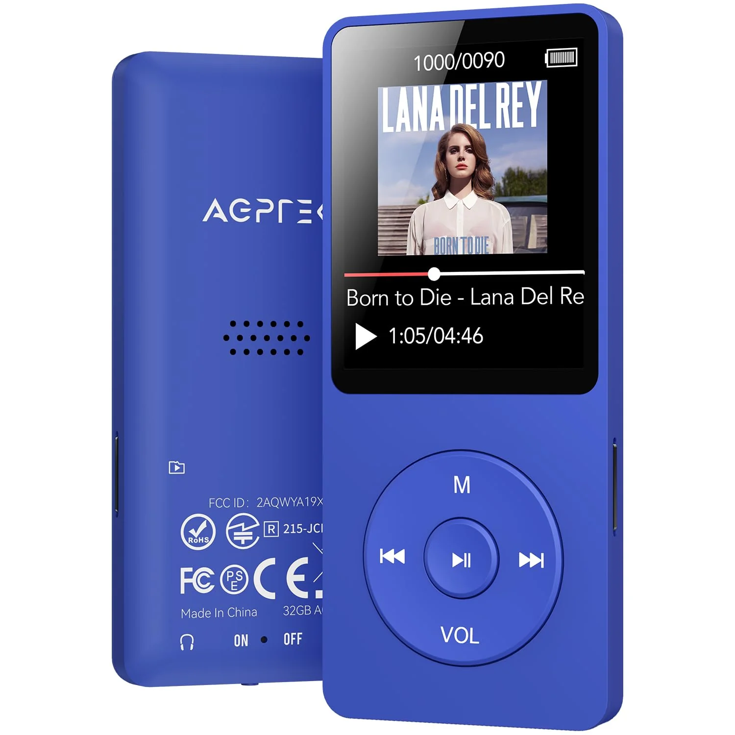 AGPTEK A02 MP3 Player with Bluetooth 5.3, 1.8 inch Screen Portable Music Player with Speaker, FM Radio, Voice Recorder, Supports Expanded Up to 128GB(Blue, 32GB) Blue