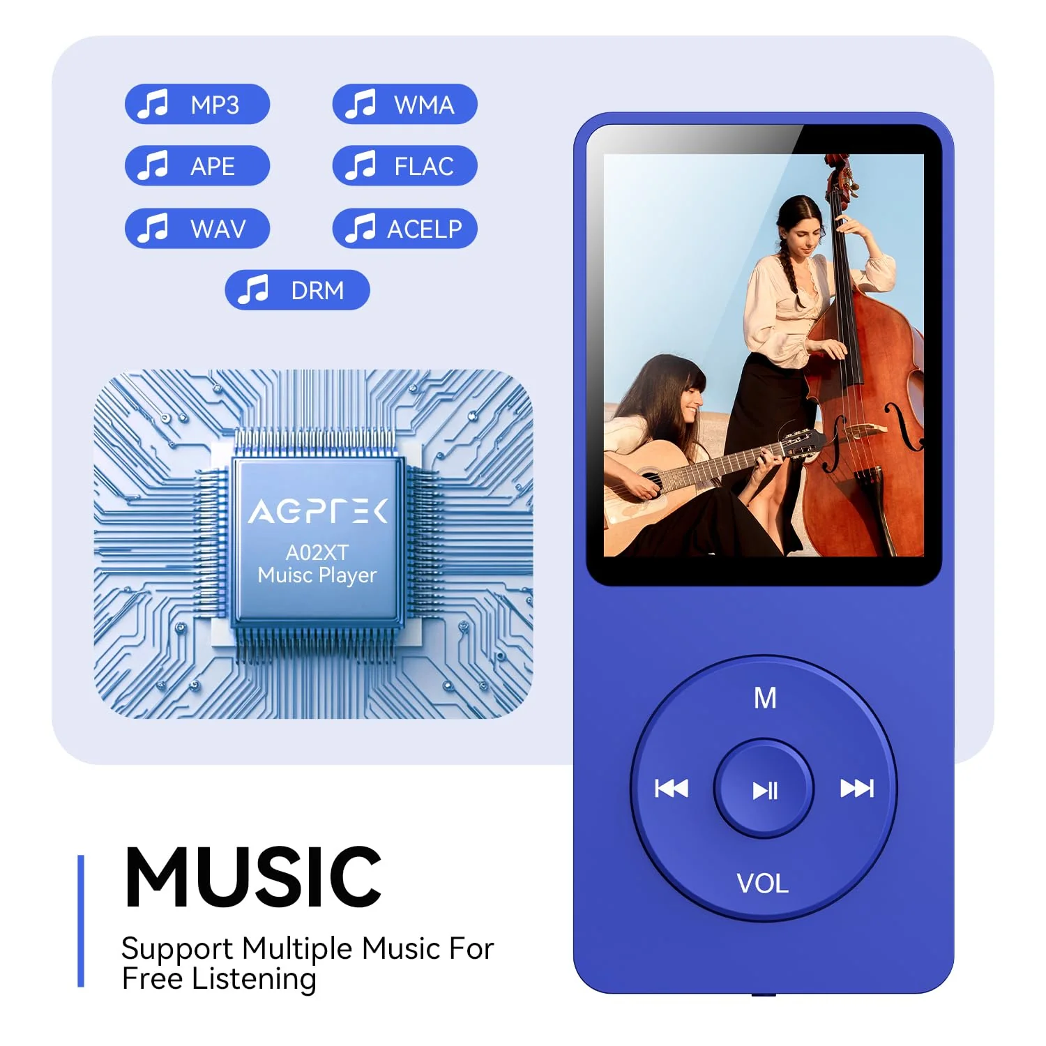 AGPTEK A02 MP3 Player with Bluetooth 5.3, 1.8 inch Screen Portable Music Player with Speaker, FM Radio, Voice Recorder, Supports Expanded Up to 128GB(Blue, 32GB) Blue - Image 6