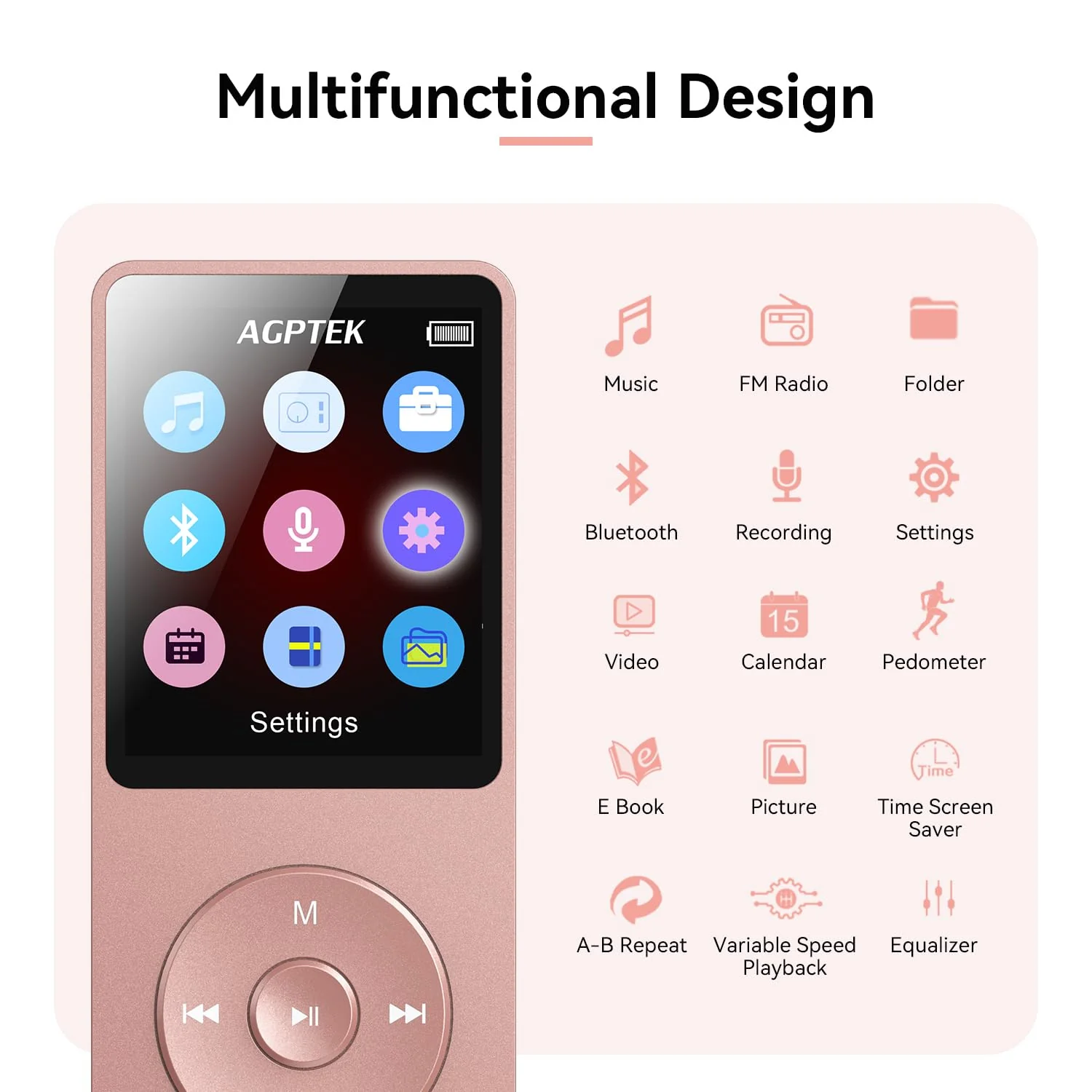 AGPTEK A02 MP3 Player with Bluetooth 5.3, 1.8 inch Screen Portable Music Player with Speaker, FM Radio, Voice Recorder, Supports Expanded Up to 128GB(Rose Gold, 32GB) Rose Gold - Image 4