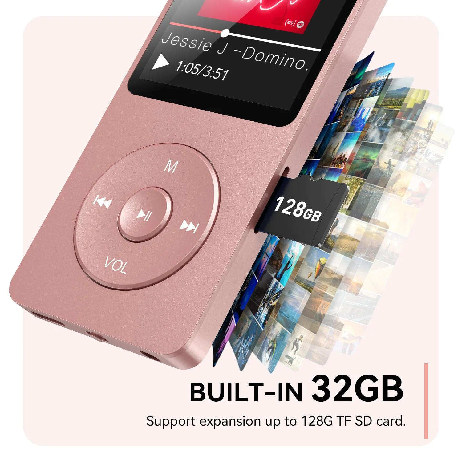 AGPTEK A02 MP3 Player with Bluetooth 5.3, 1.8 inch Screen Portable Music Player with Speaker, FM Radio, Voice Recorder, Supports Expanded Up to 128GB(Rose Gold, 32GB) Rose Gold - Image 5