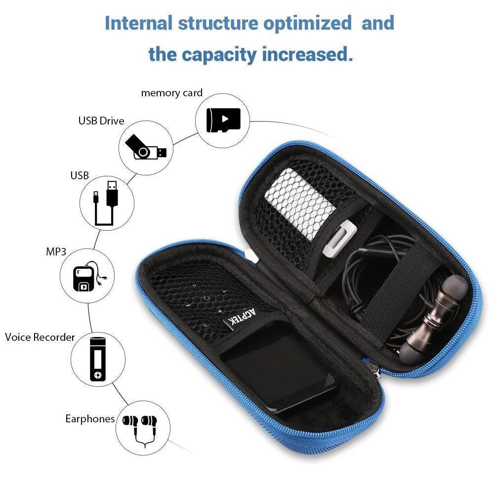 AGPTEK Carrying Case, EVA Zipper Carrying Hard Case Cover for Digital Voice Recorders, MP3 Players, USB Cable, Earphones-Bose QC20, Memory Cards, U Disk, Blue - Image 2